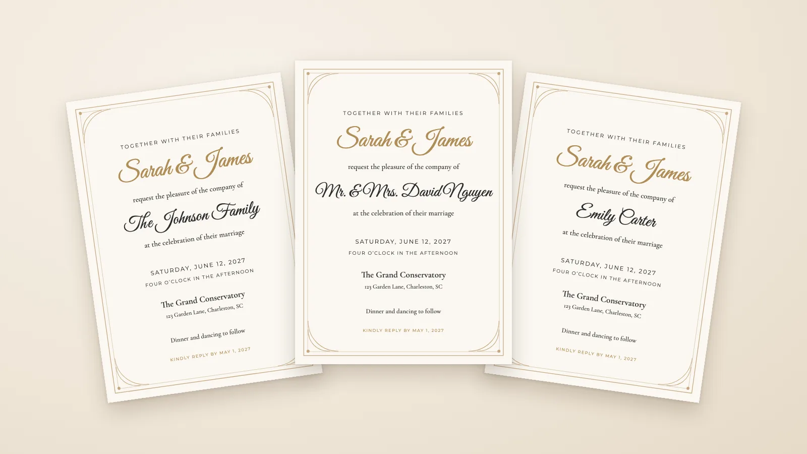 Three Classic Gold Frame 5x7 wedding invitations, each printed with a different guest name: The Johnson Family, Mr. & Mrs. David Nguyen and Emily Carter