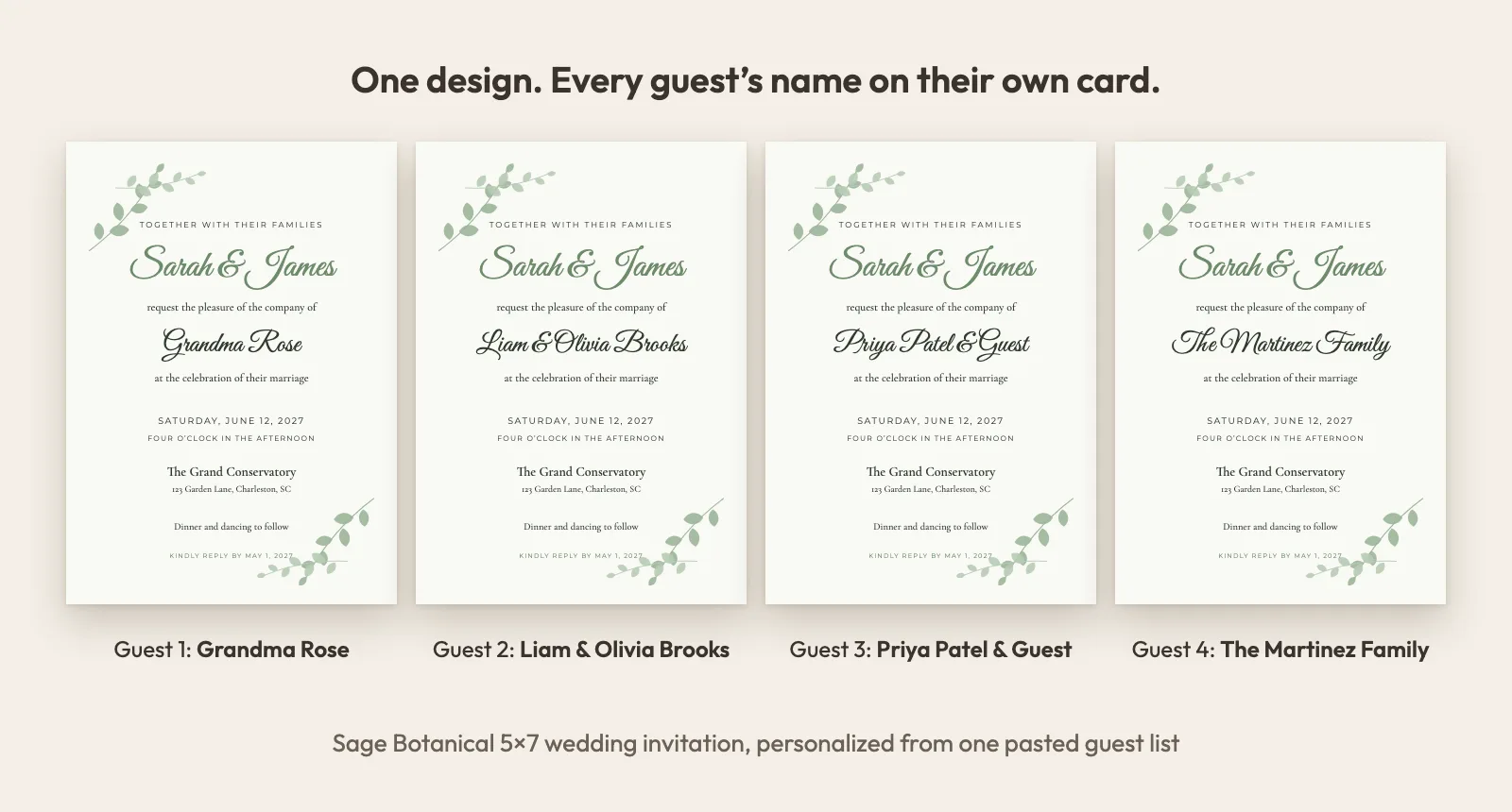 Four Sage Botanical 5x7 wedding invitations side by side, personalized for Grandma Rose, Liam & Olivia Brooks, Priya Patel & Guest and The Martinez Family