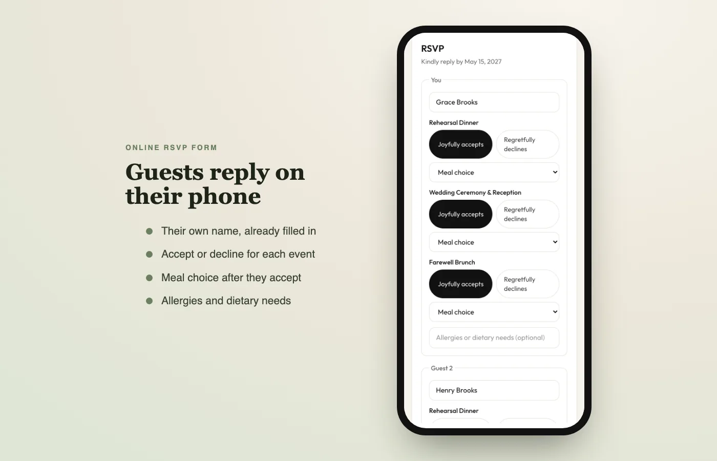 Online wedding RSVP form on a phone: Grace Brooks accepts the rehearsal dinner, wedding ceremony and reception and farewell brunch, with a meal choice menu under each event and a dietary needs field