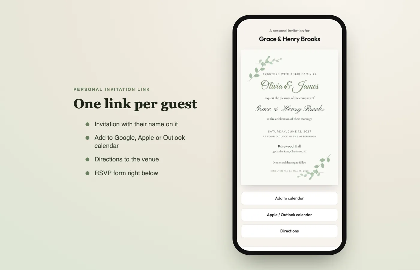 Personal online wedding invitation for Grace and Henry Brooks on a phone, with Add to calendar, Apple and Outlook calendar and Directions buttons above the RSVP form