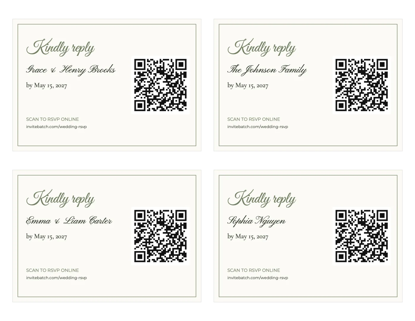 Printable wedding RSVP card template: four 5x3.5 inch sage green RSVP cards on one US Letter sheet, each with a guest name, the reply-by date May 15, 2027 and a personal QR code to RSVP online