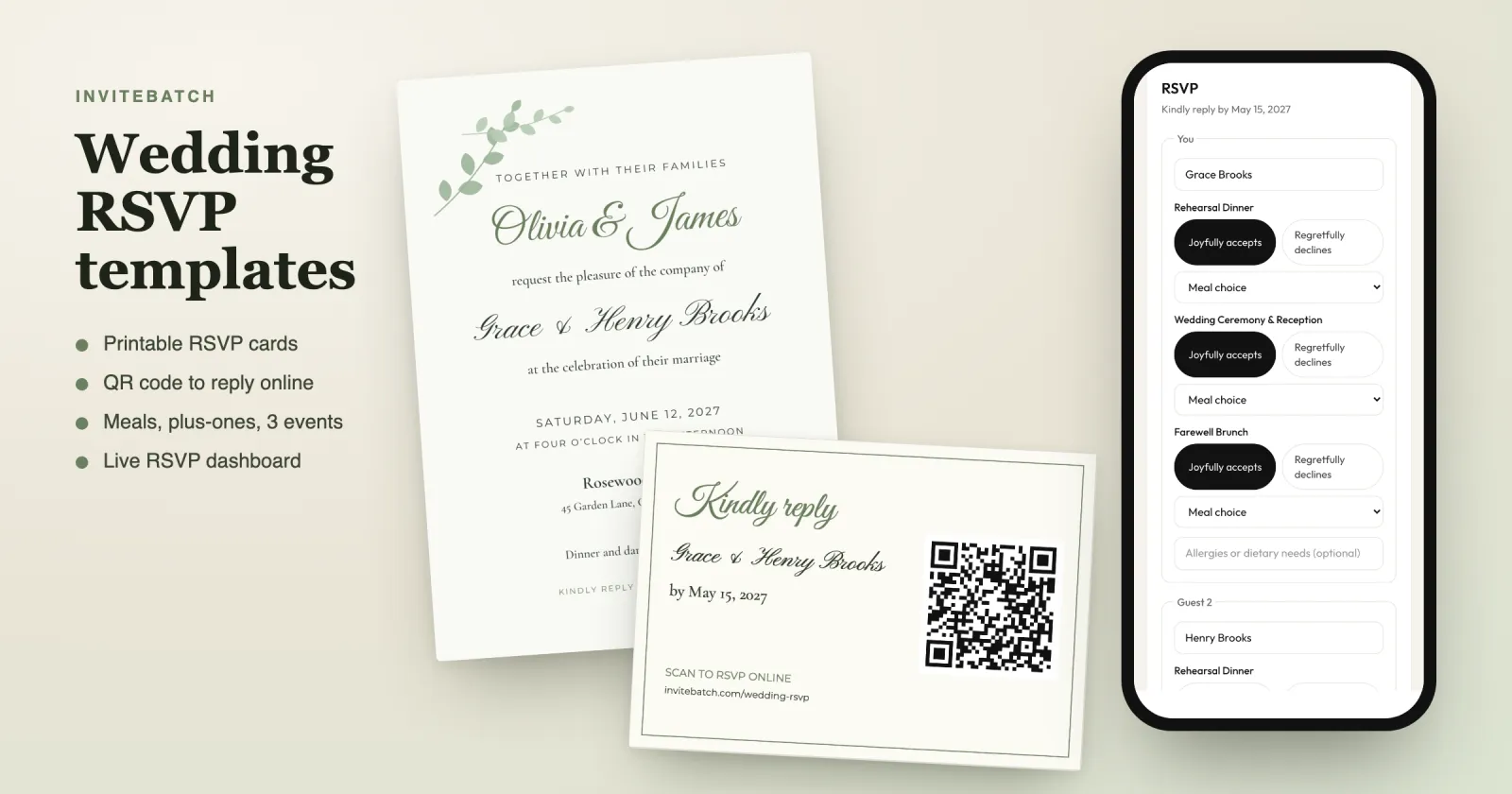 Wedding RSVP templates: a sage botanical wedding invitation for Grace and Henry Brooks, a matching printable RSVP card with a QR code, and the online RSVP form on a phone