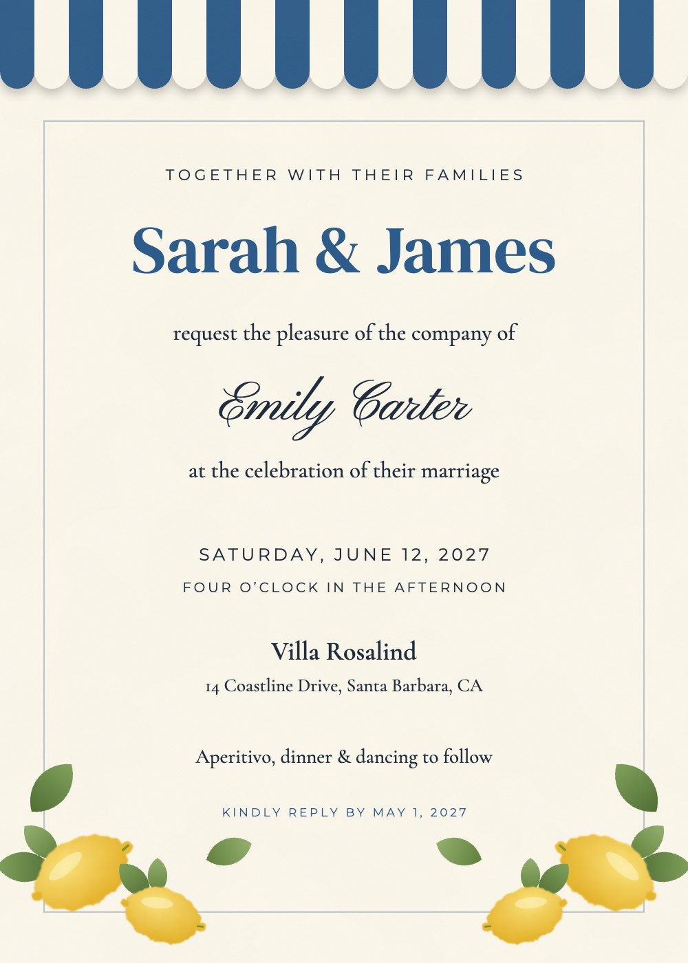Amalfi Lemon wedding invitation, personalized with each guest's name