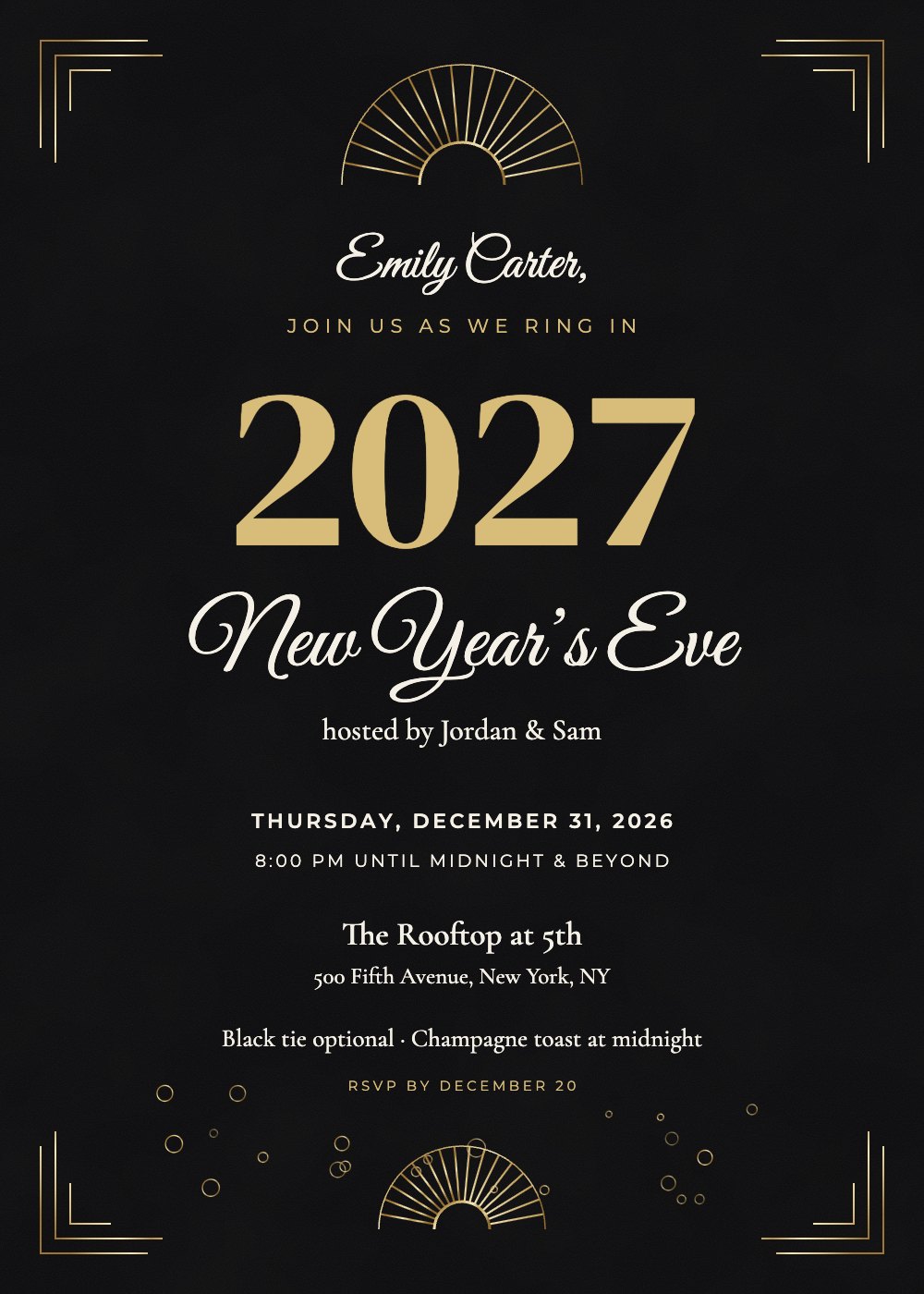 Art Deco New Year party invitation, personalized with each guest's name
