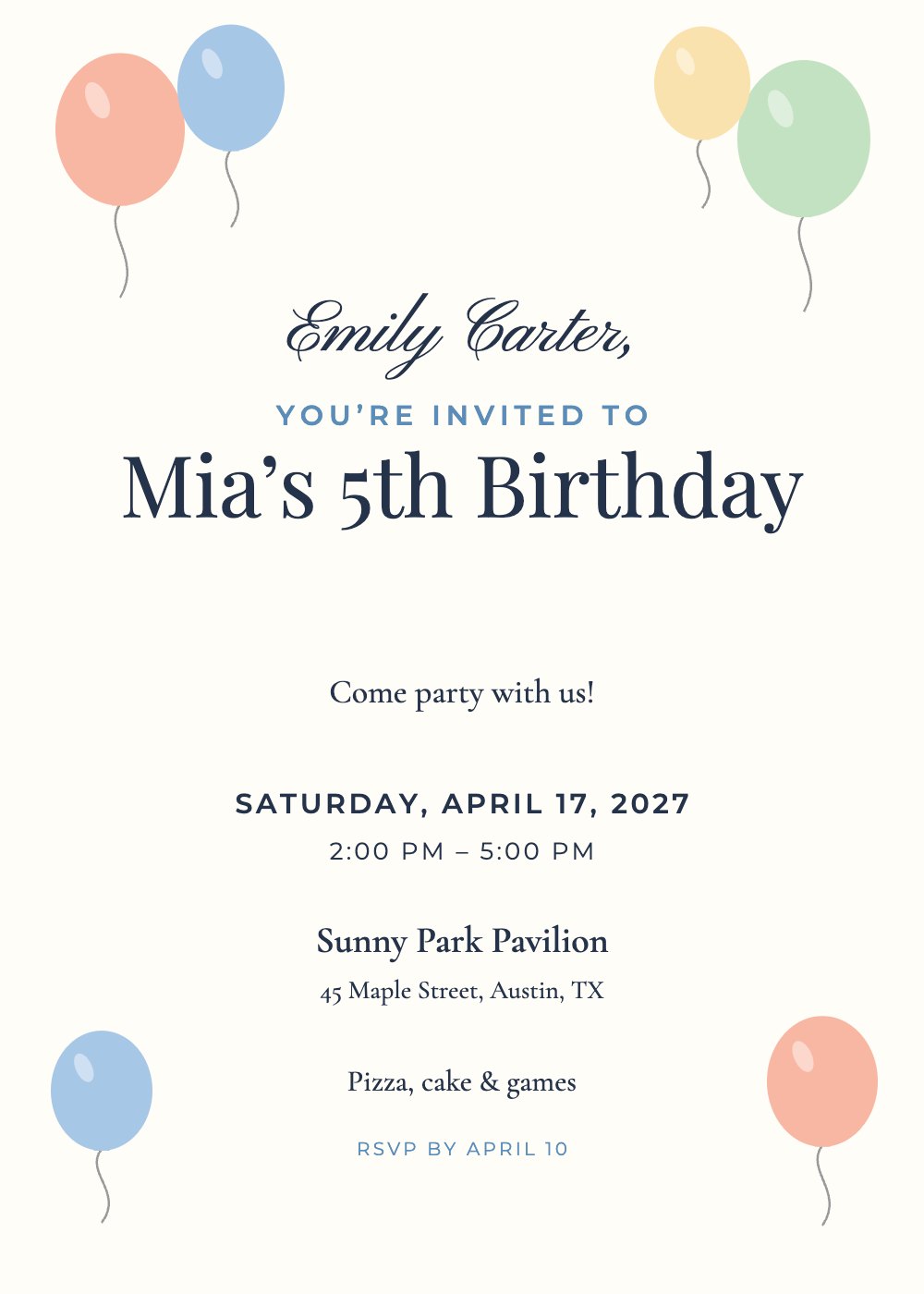 Balloon Party birthday invitation template, personalized with guest names