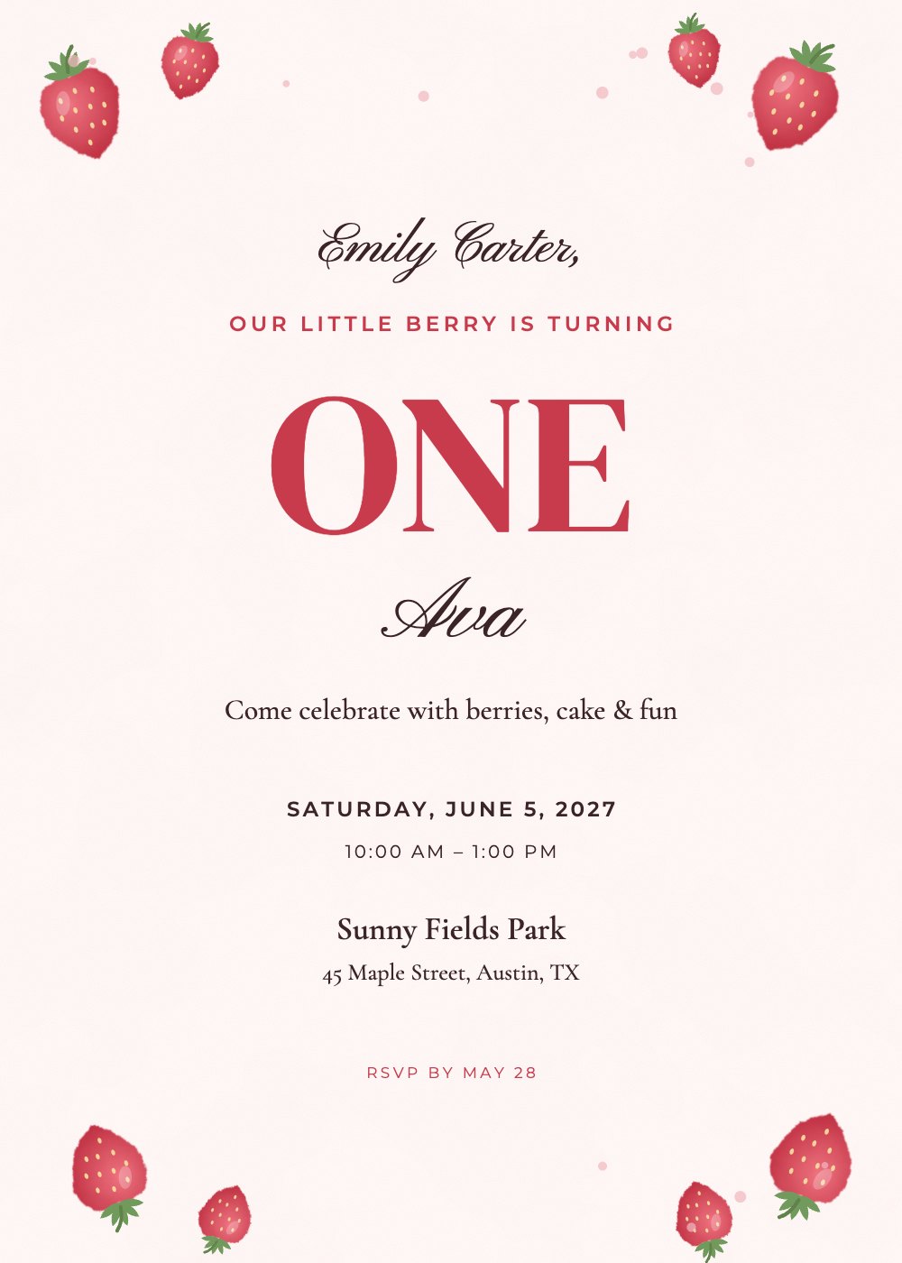 Berry Sweet birthday invitation, personalized with each guest's name