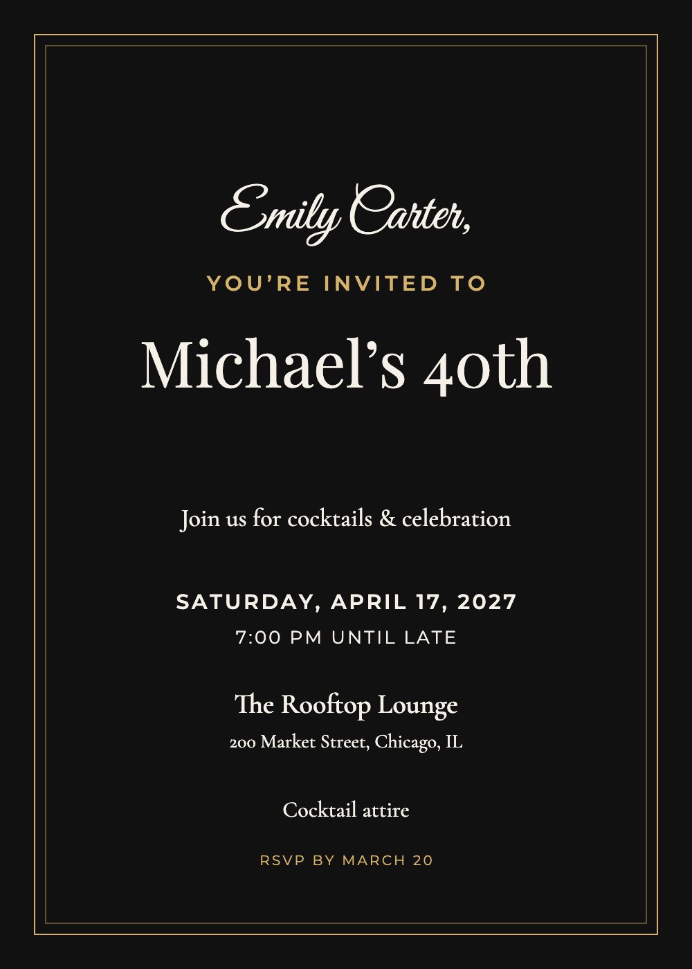 Black & Gold Milestone birthday invitation template, personalized with guest names