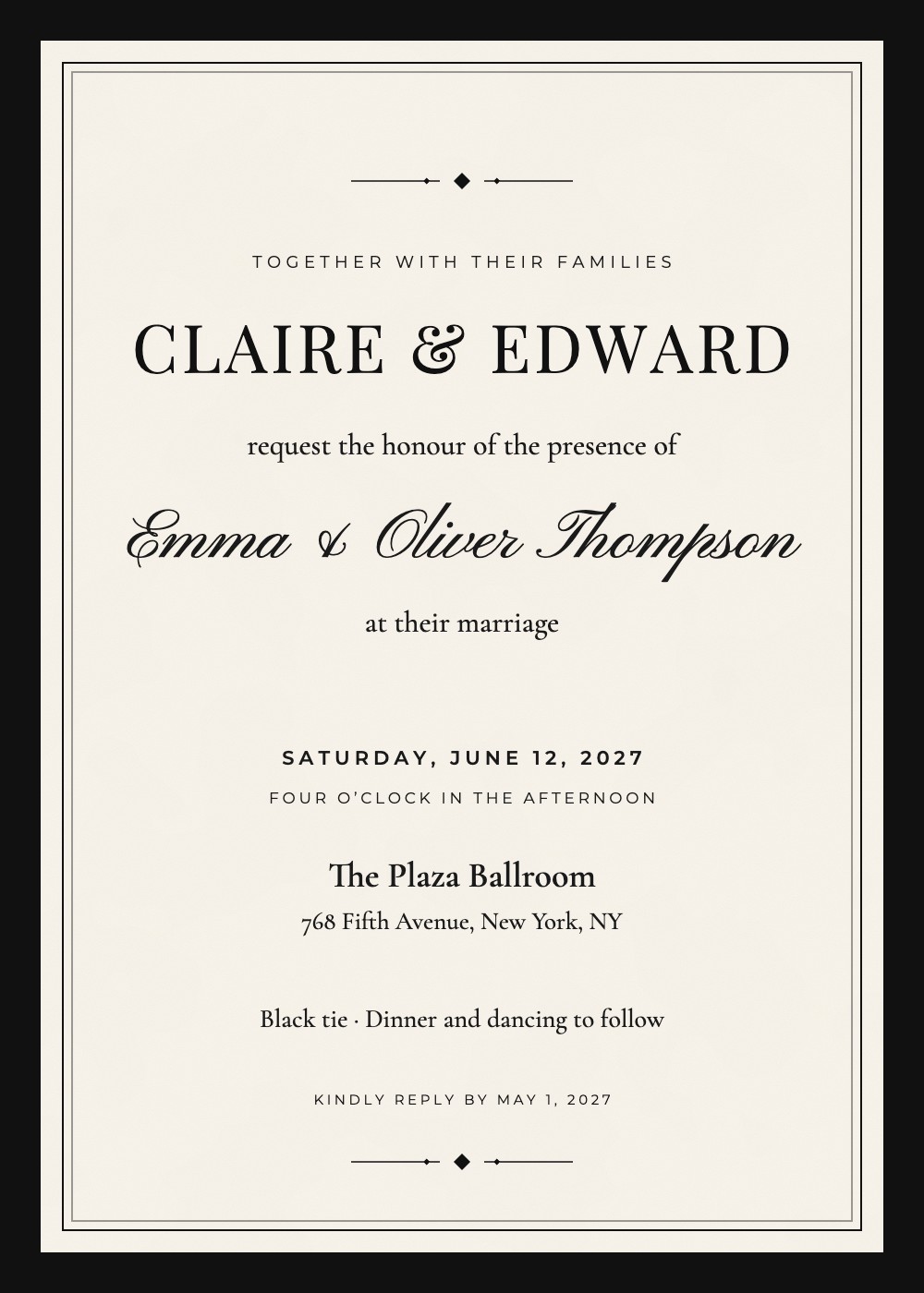 Black Tie wedding invitation, an ivory card with a black border and serif lettering, personalized with each guest's name