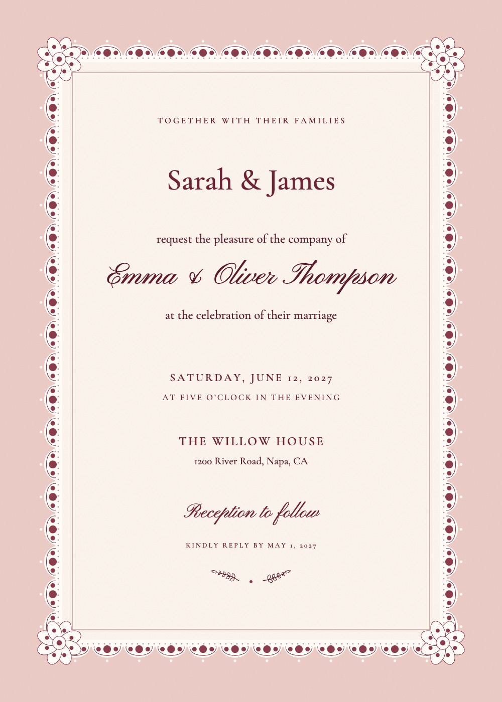 Blush Lace Frame wedding invitation, ivory lace on a blush border around an ivory panel, personalized with each guest's name