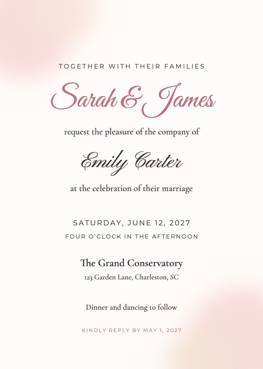 Blush Watercolor wedding invitation template, personalized with guest names