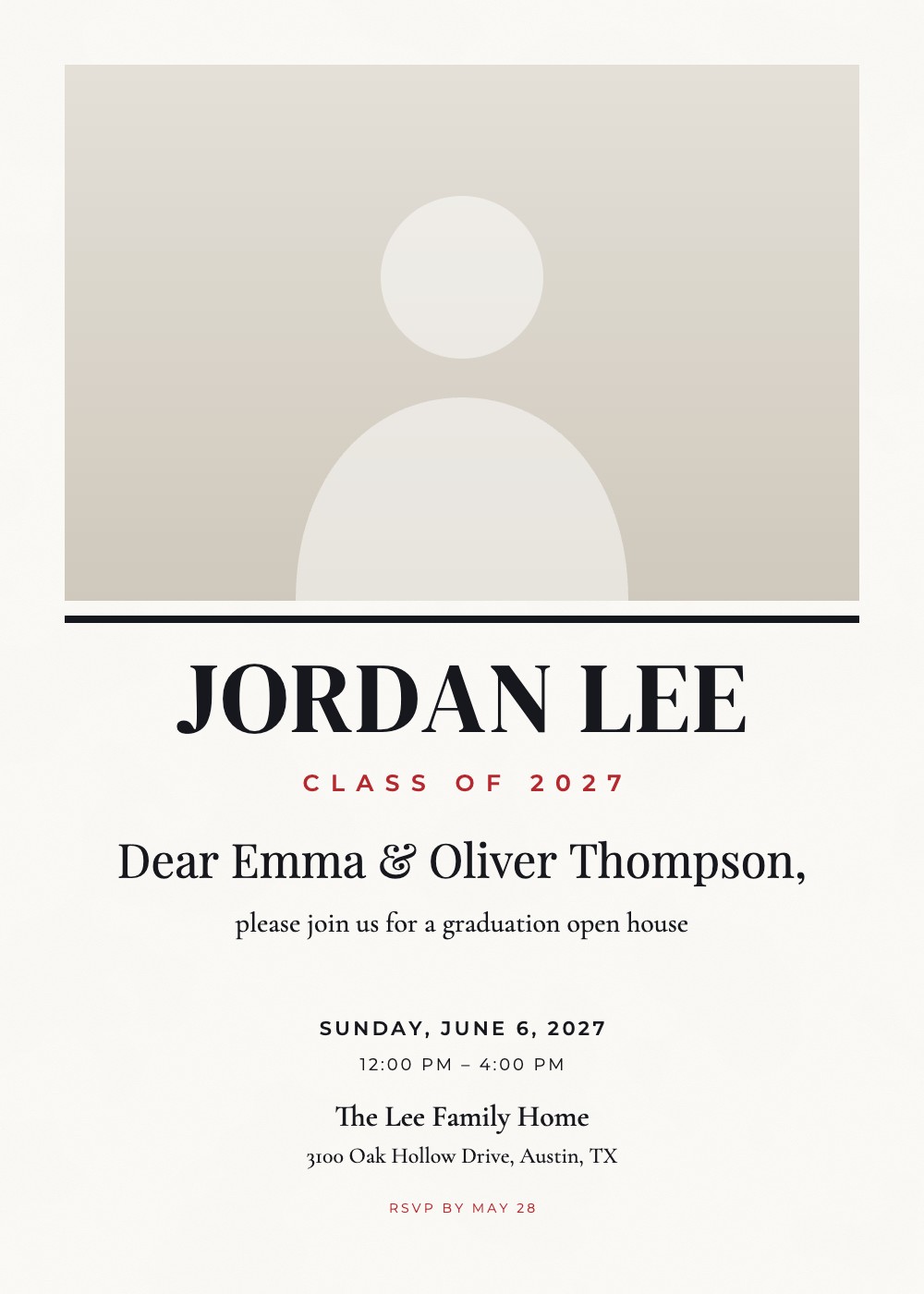 Bold Photo Banner graduation announcement with a large photo of the graduate, personalized with each guest's name