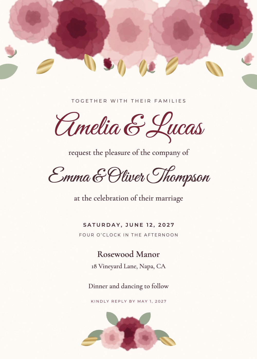 Burgundy & Blush Peony wedding invitation with watercolor peonies and gold leaves, personalized with each guest's name
