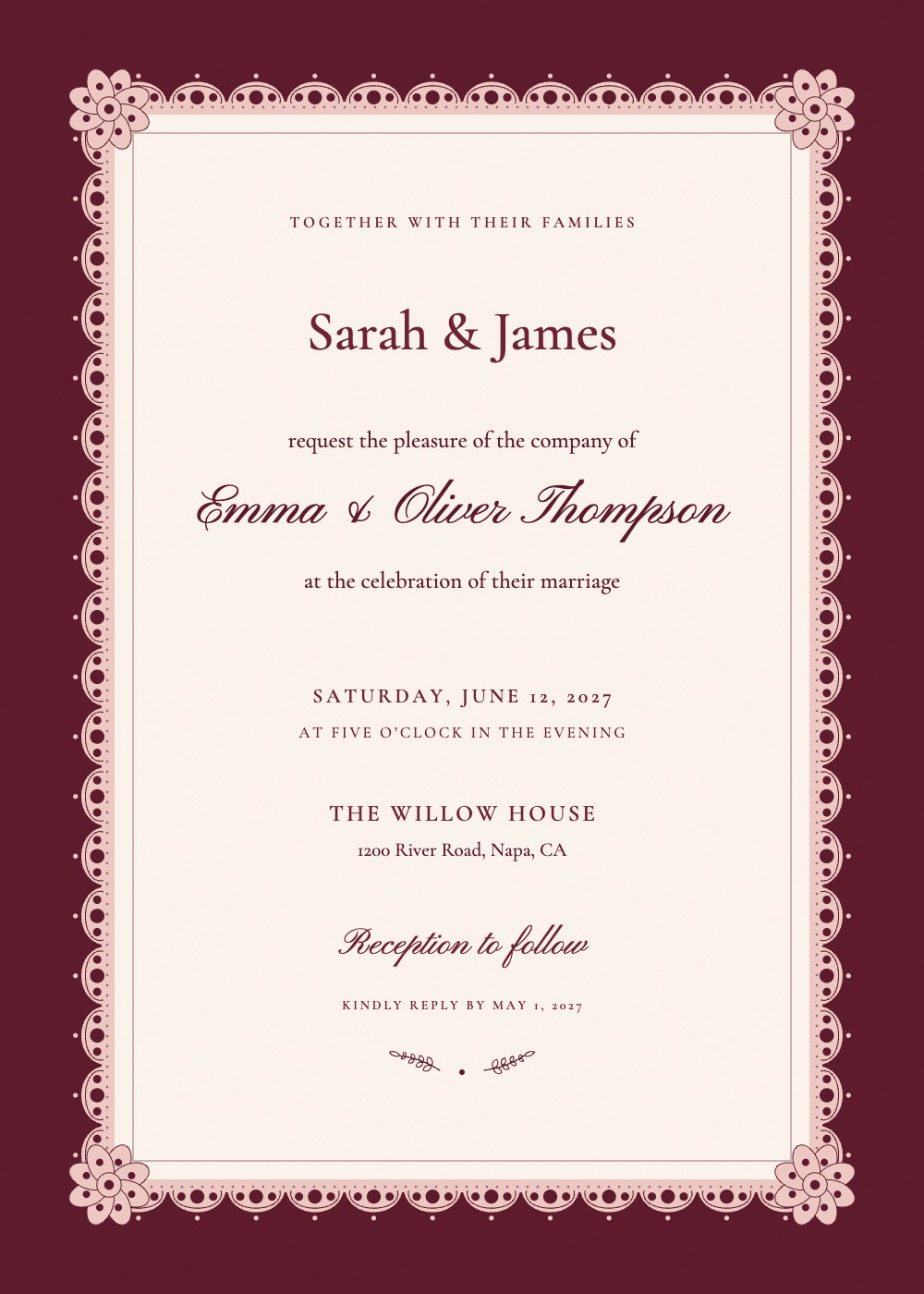 Burgundy Lace Frame wedding invitation, blush lace on a burgundy border around an ivory panel, personalized with each guest's name