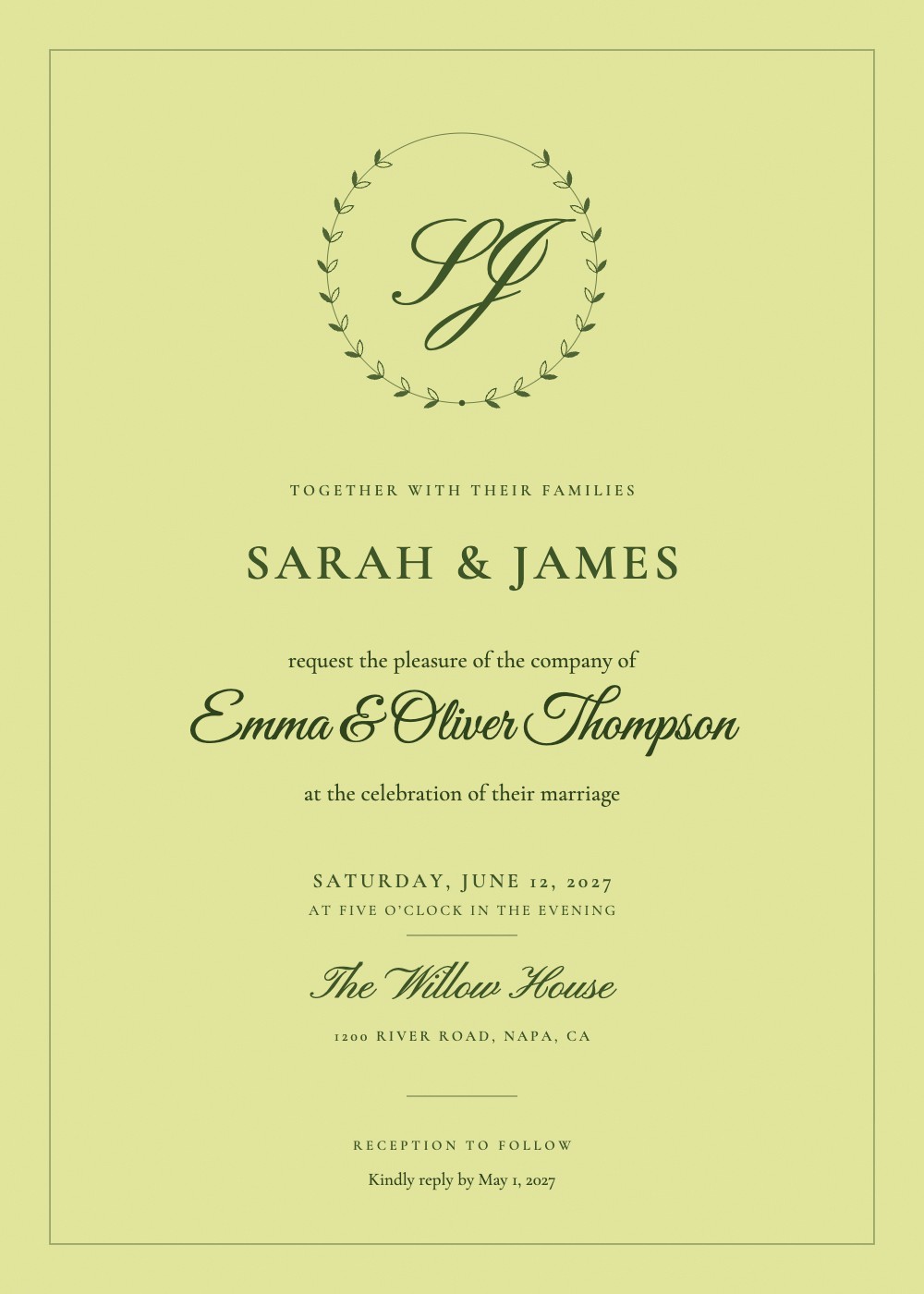 Chartreuse Monogram wedding invitation, a green script monogram on a chartreuse card personalized with each guest's name