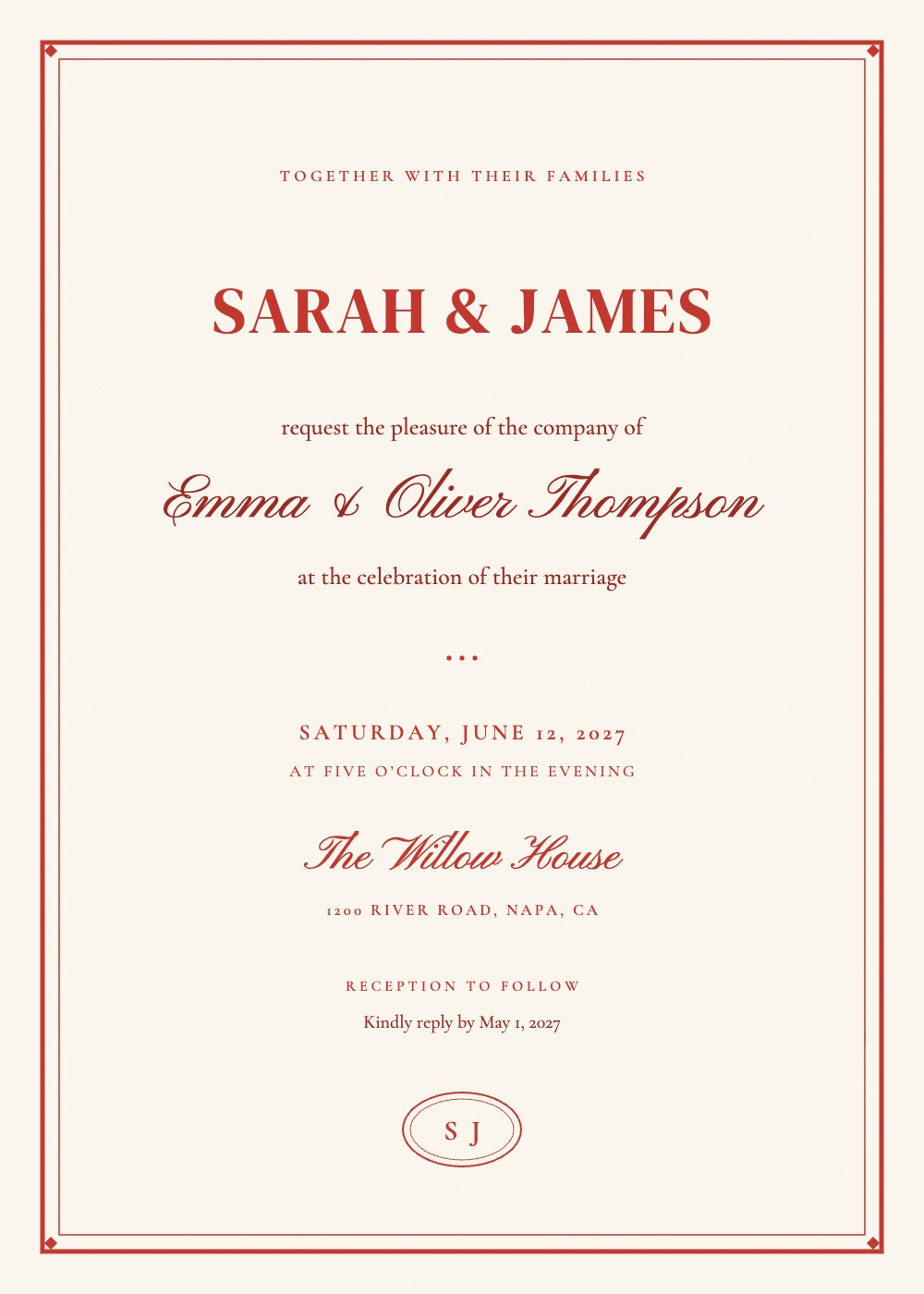 Cherry Double Rule wedding invitation, a red double-line border on ivory personalized with each guest's name