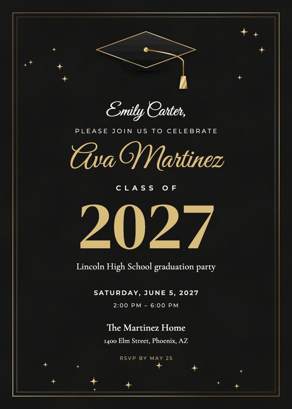 Class of 2027 graduation invitation, personalized with each guest's name