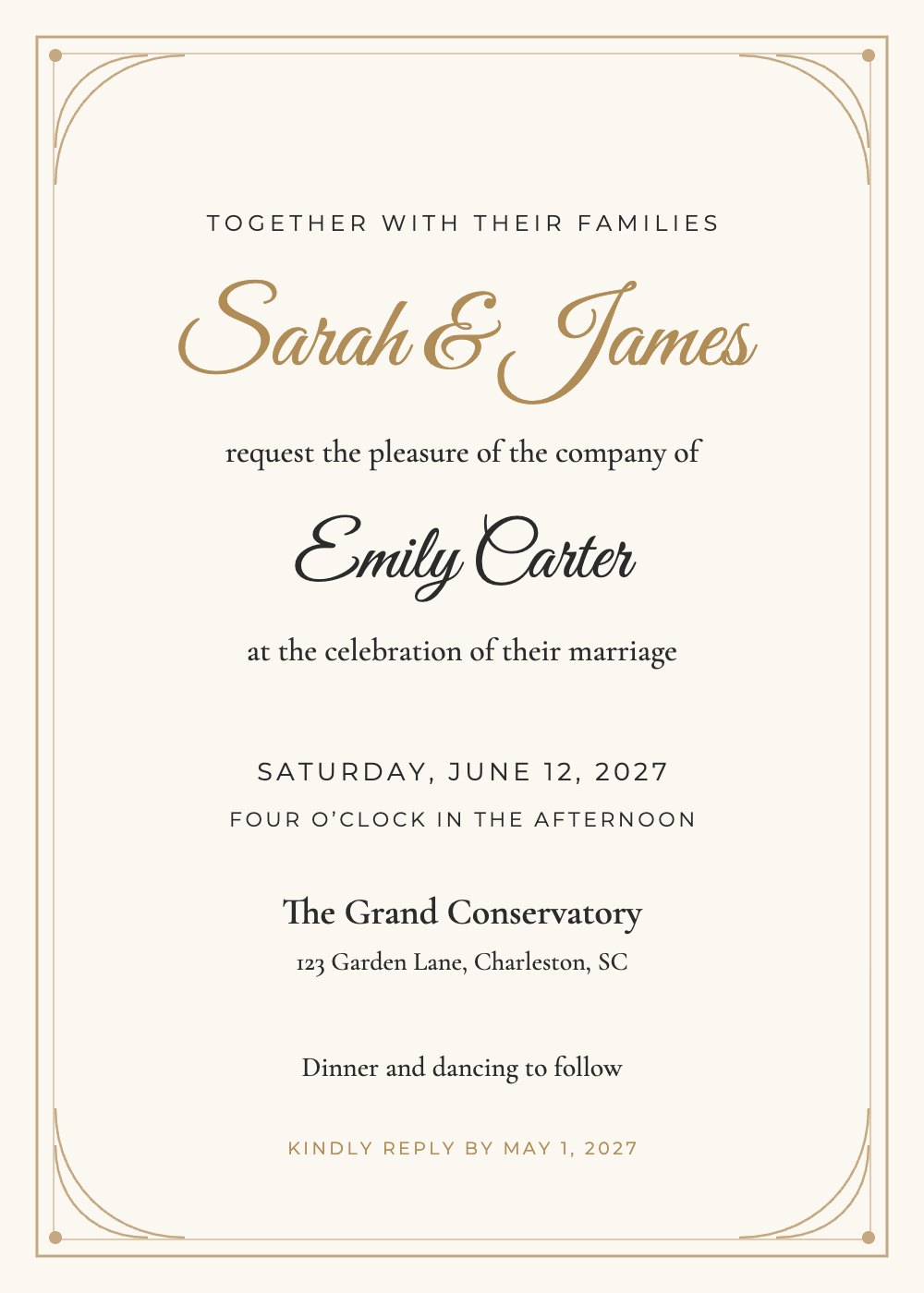 Classic Gold Frame wedding invitation template, personalized with guest names