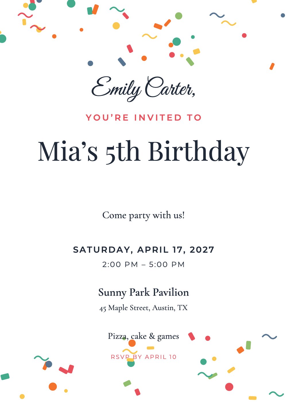 Confetti Pop birthday invitation template, personalized with guest names