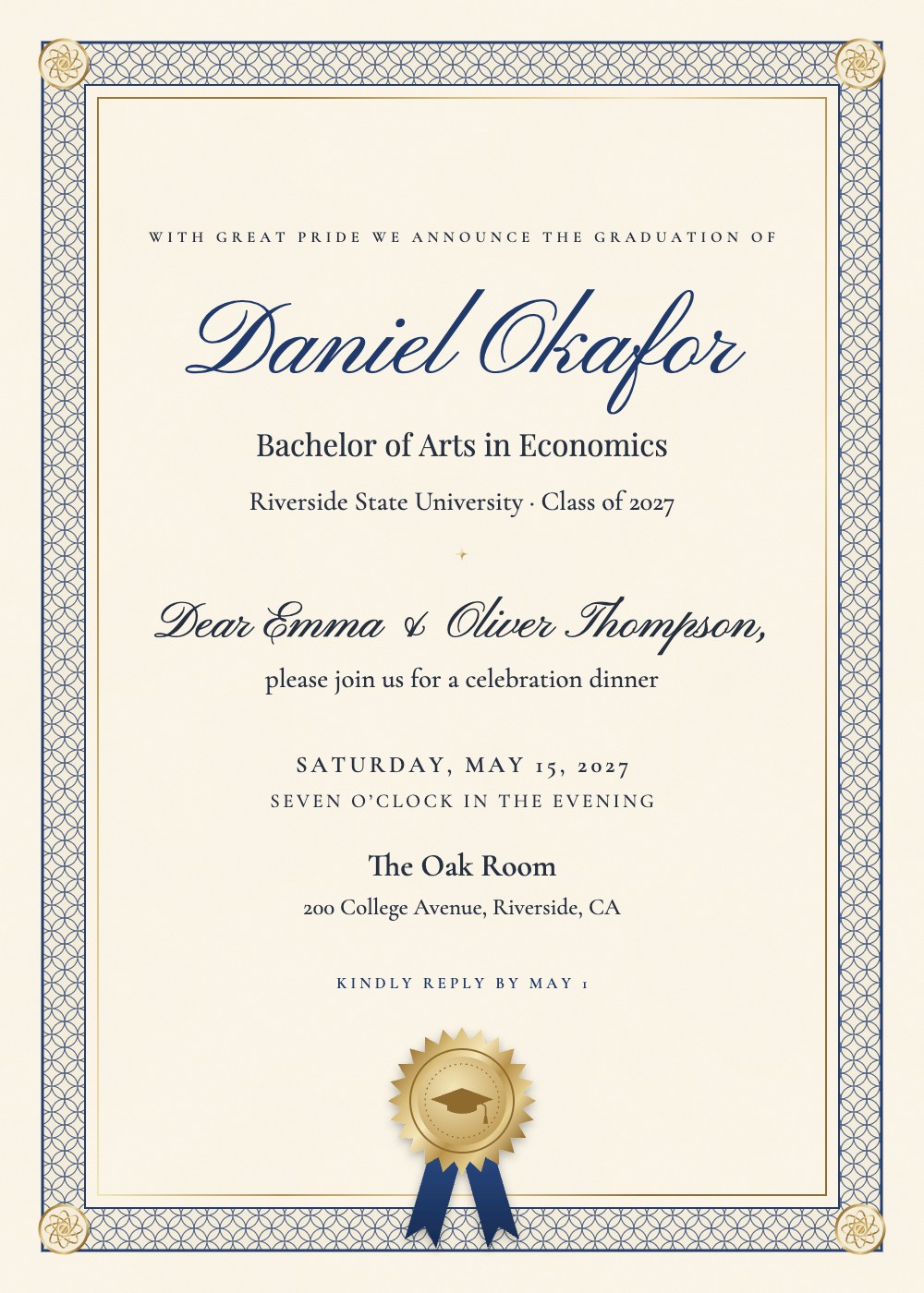 Diploma Certificate graduation announcement with a gold seal and navy border, personalized with each guest's name