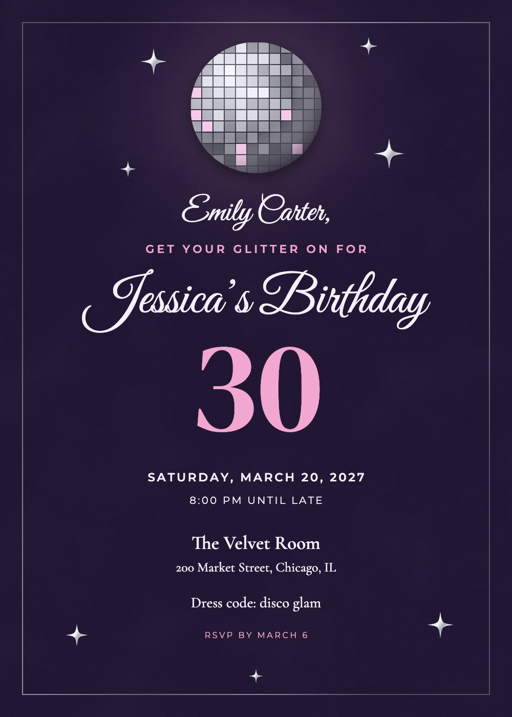 Disco Milestone birthday invitation, personalized with each guest's name