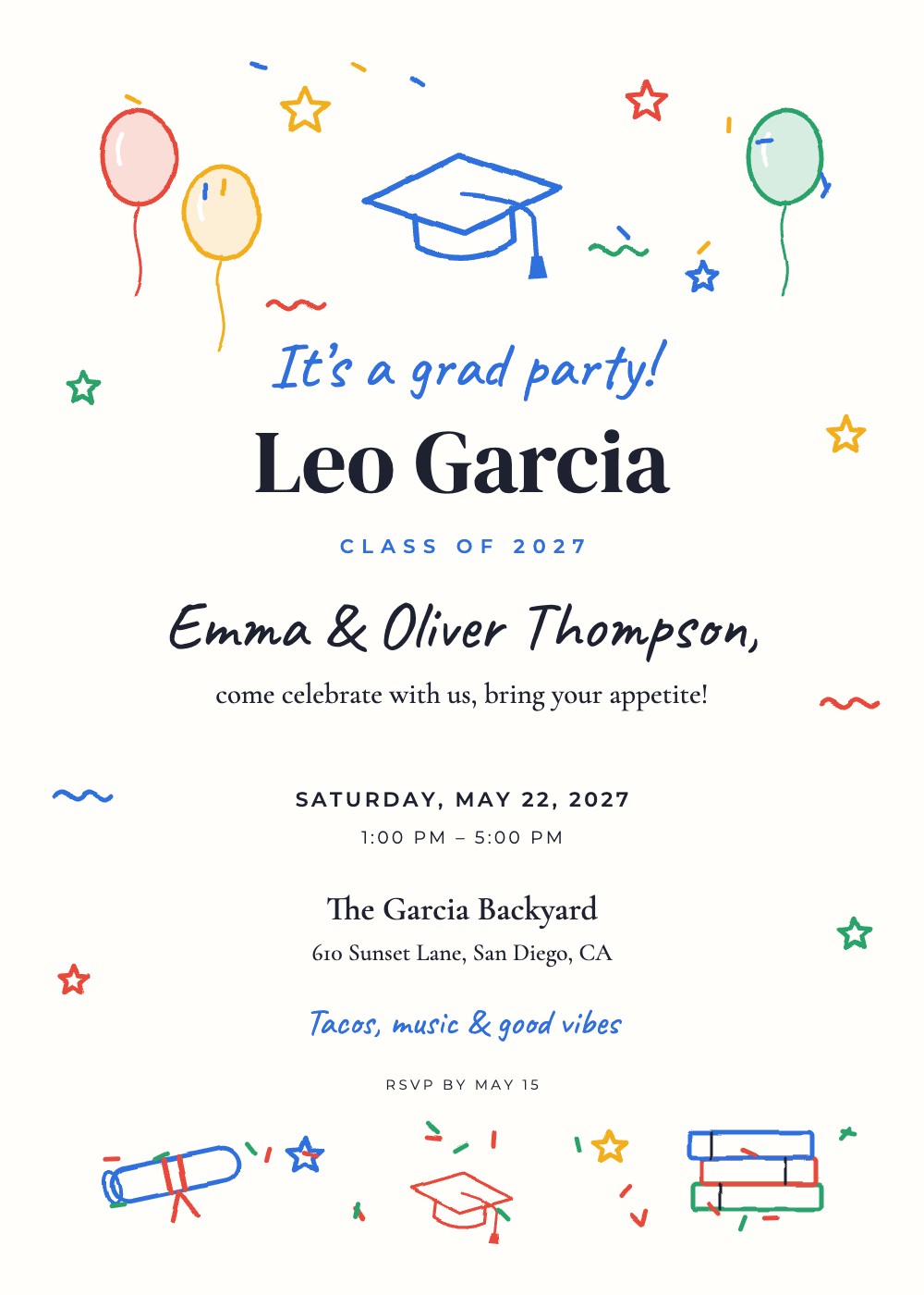 Doodle Grad Party invitation with hand-drawn caps, stars and balloons, personalized with each guest's name