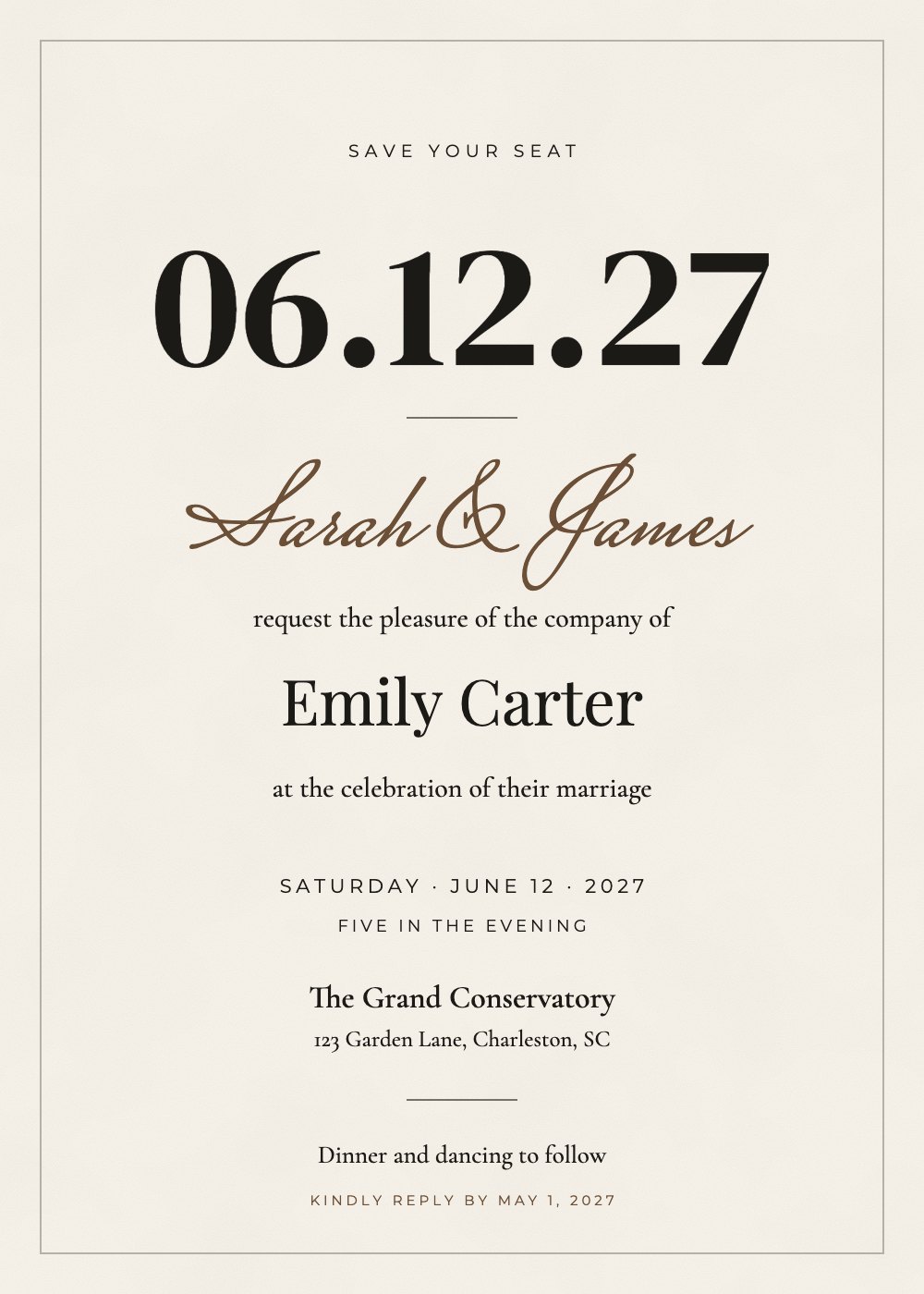 Editorial Date wedding invitation, personalized with each guest's name