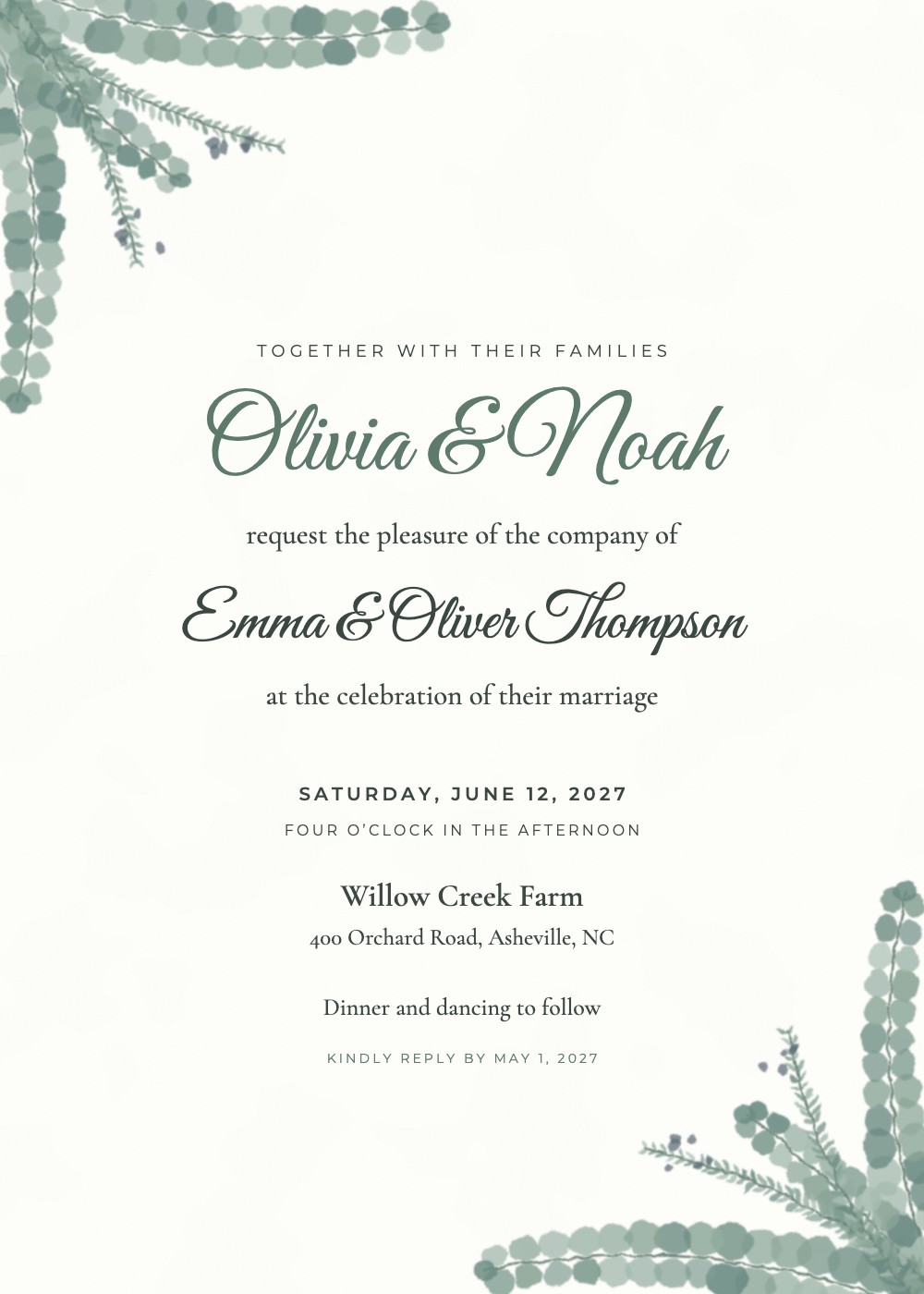 Eucalyptus Greenery wedding invitation with watercolor eucalyptus leaves on white, personalized with each guest's name