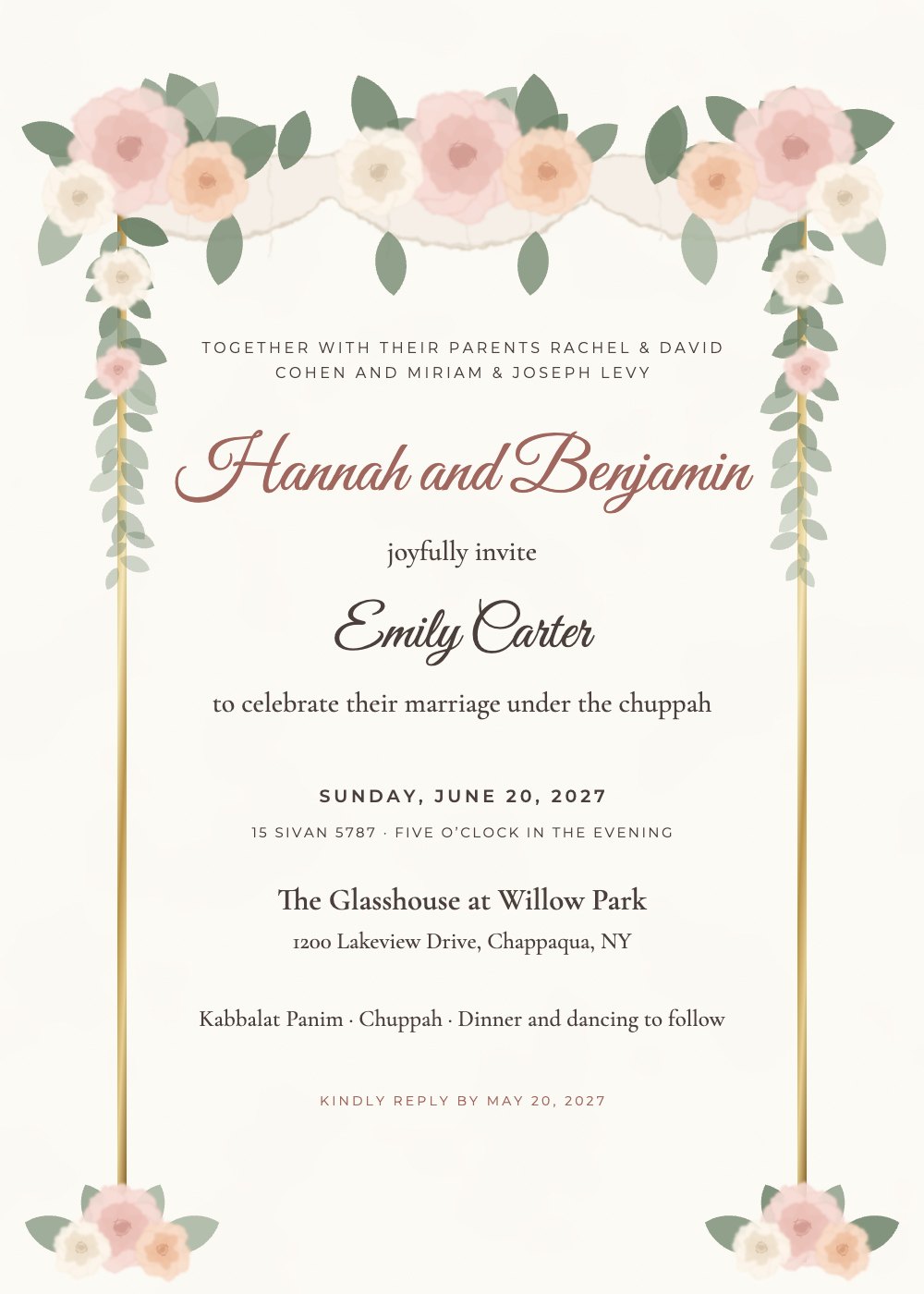 Floral Chuppah Jewish wedding invitation with a guest name