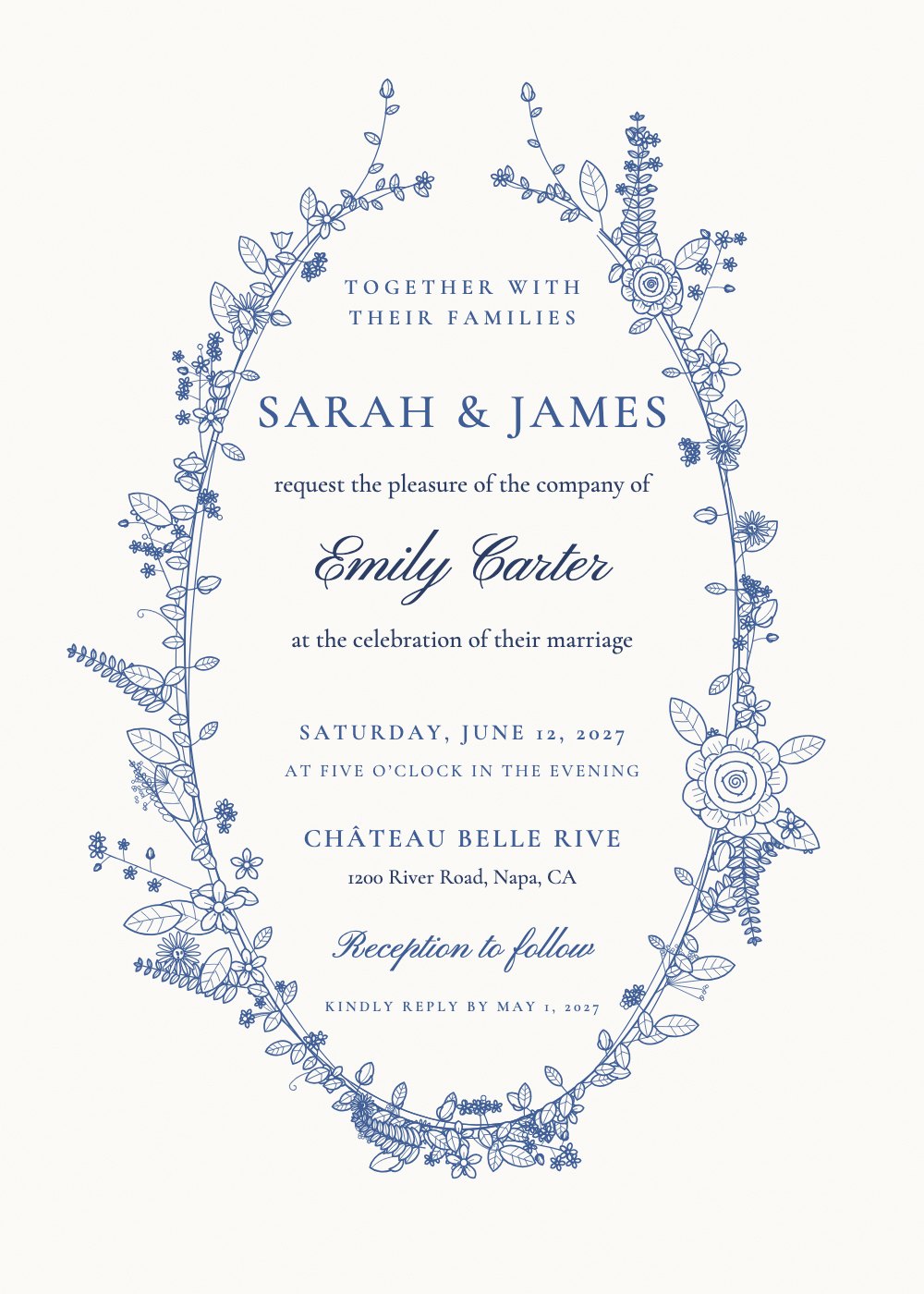French Vintage Blue Floral wedding invitation, a blue line-art wildflower wreath personalized with each guest's name