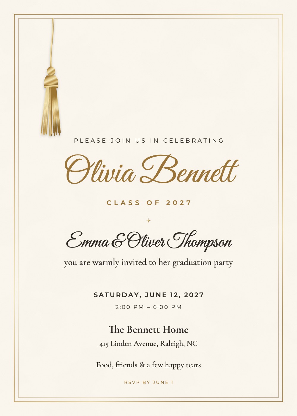 Golden Tassel graduation invitation, an ivory card with a gold tassel, personalized with each guest's name