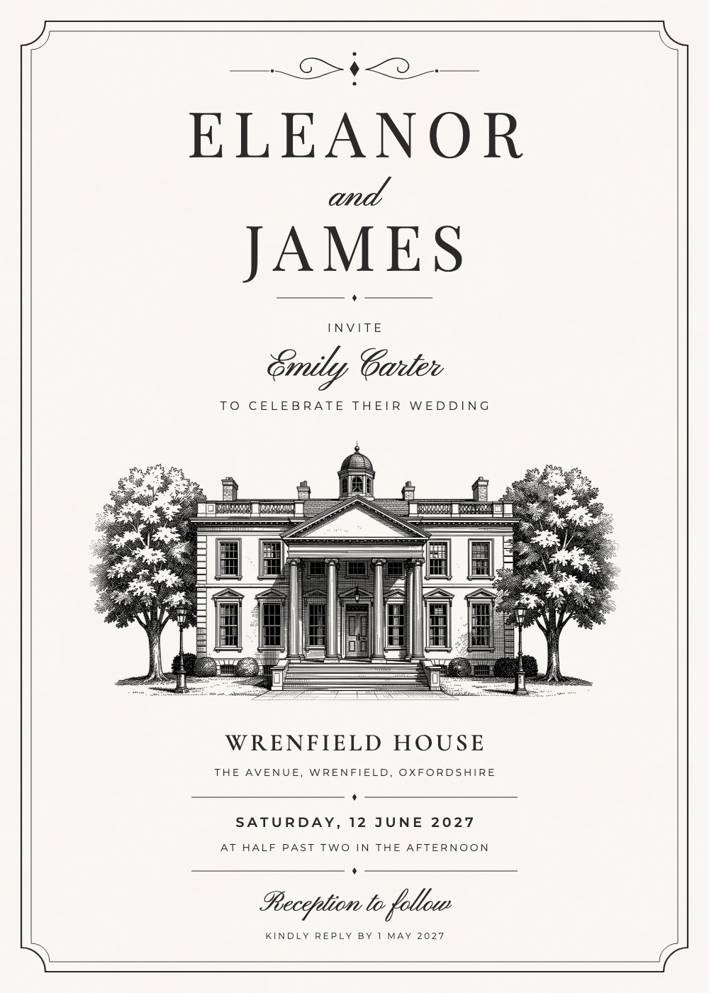 Grand Venue Sketch wedding invitation with a guest name