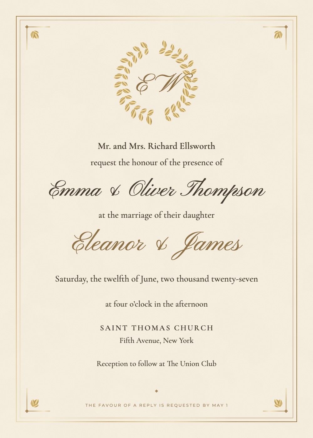 Heirloom Monogram wedding invitation in cream with a gold laurel monogram, personalized with each guest's name