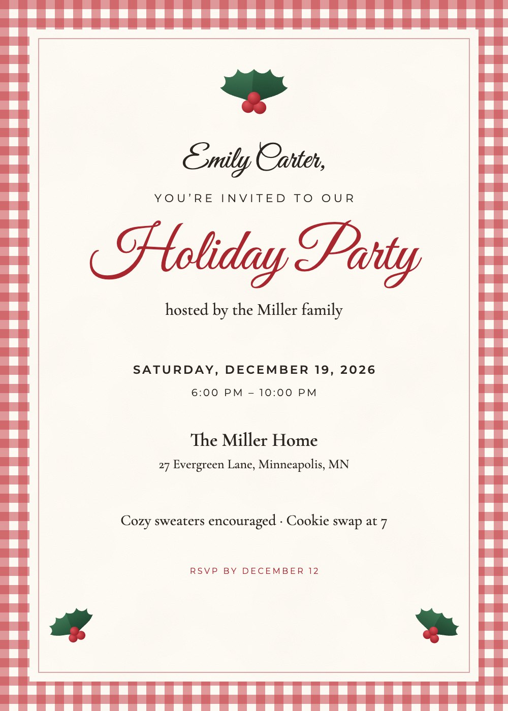 Holiday Gingham party invitation, personalized with each guest's name