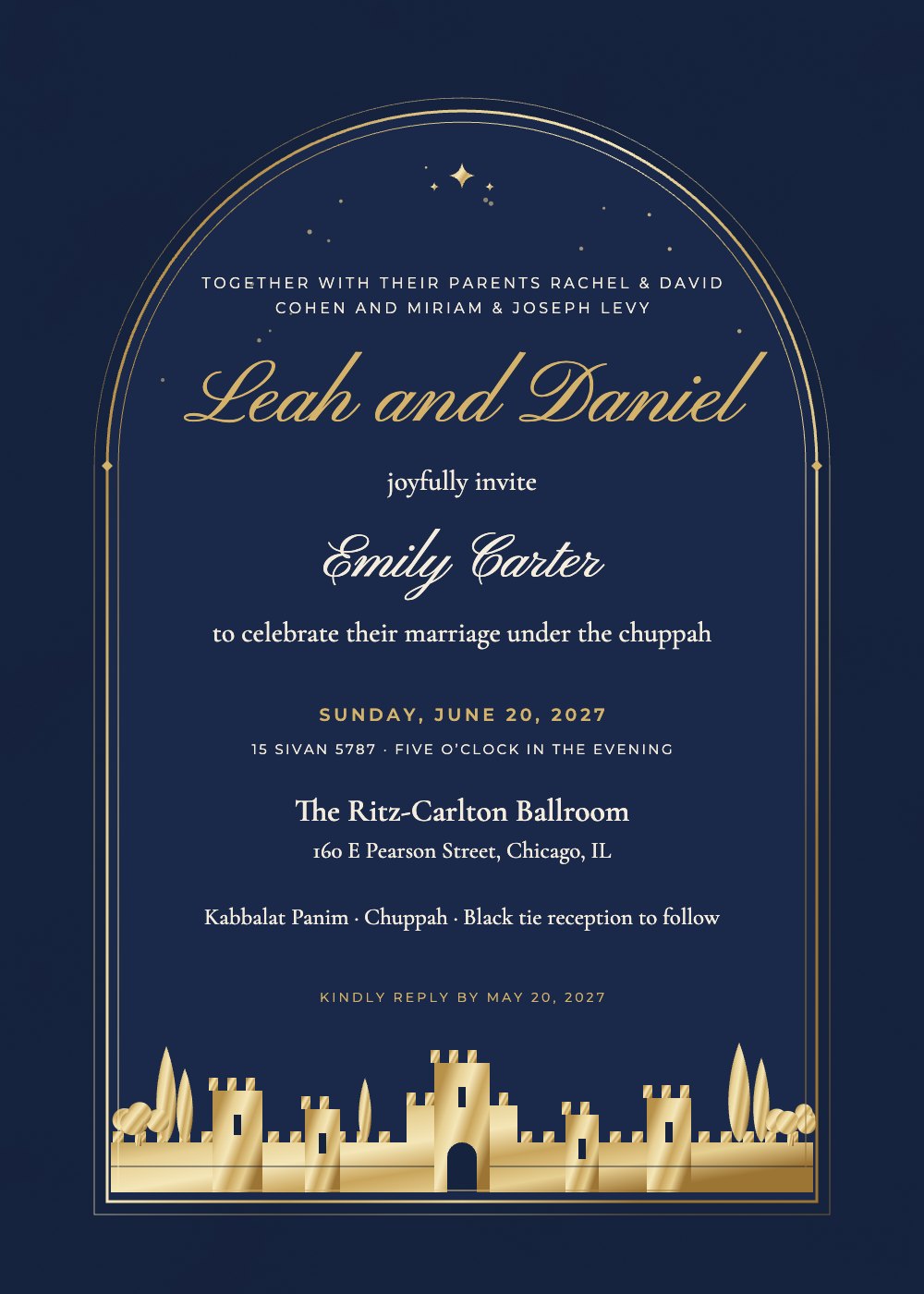 Jerusalem Gold Jewish wedding invitation with a guest name