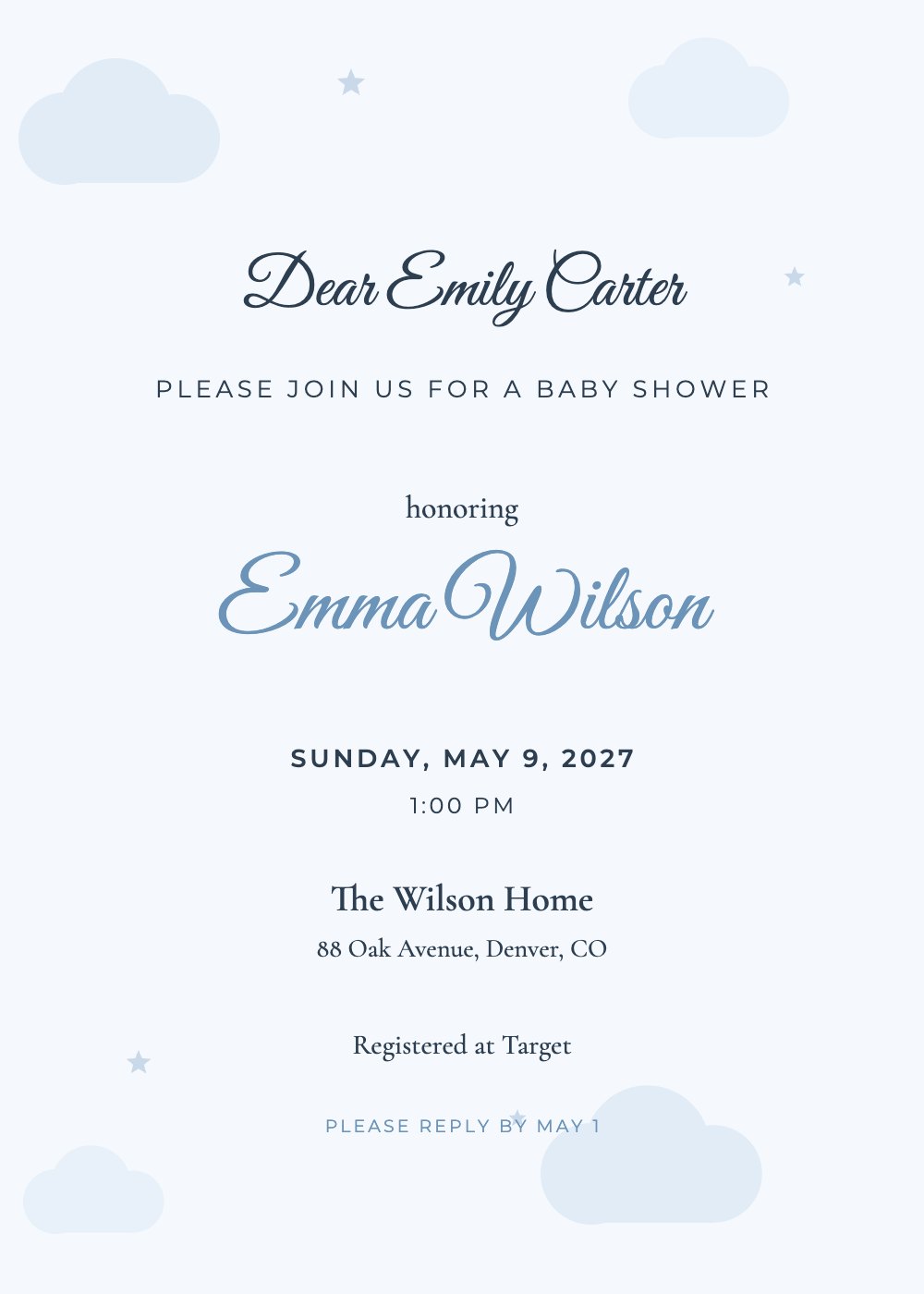 Little Cloud baby shower invitation template, personalized with guest names