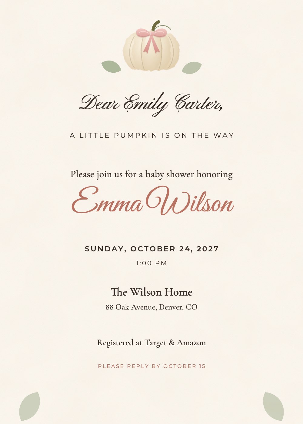 Little Pumpkin On The Way baby shower invitation, personalized with each guest's name