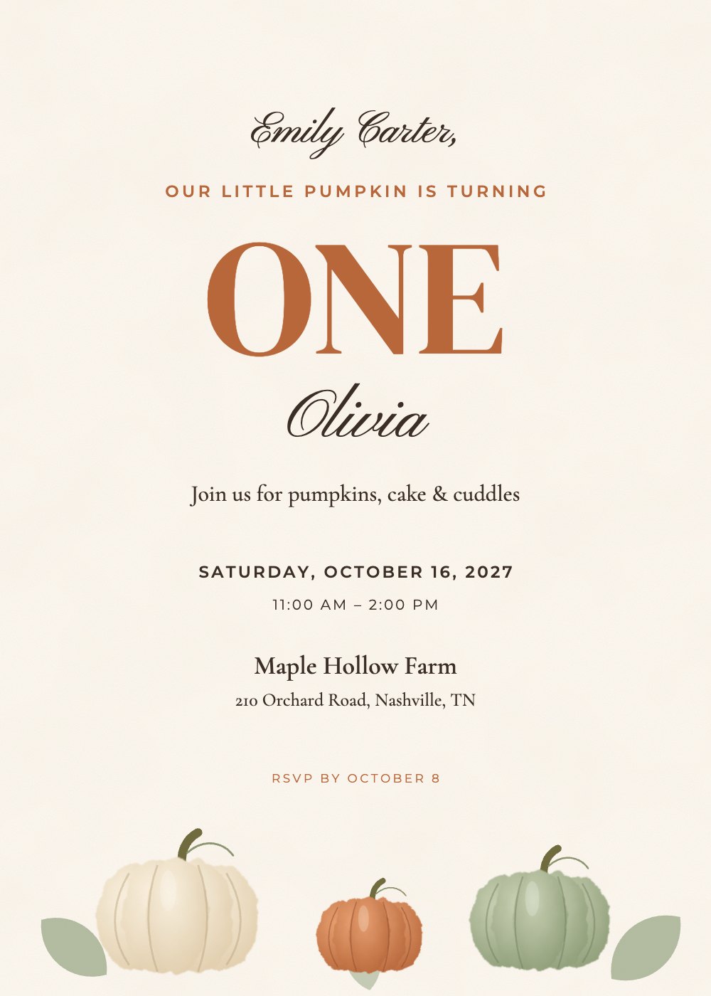 Little Pumpkin birthday invitation, personalized with each guest's name
