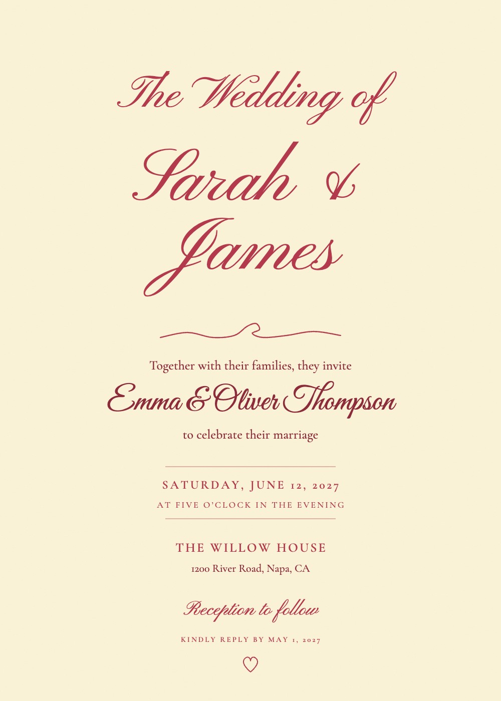 Love Letter Script wedding invitation, large raspberry calligraphy names on butter cream, personalized with each guest's name