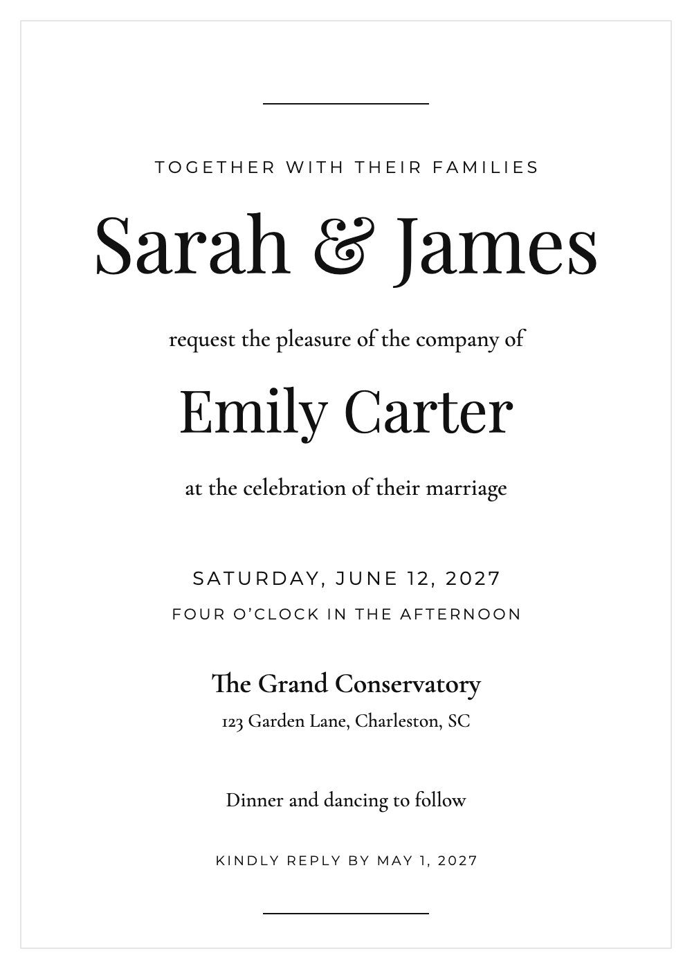 Modern Minimal wedding invitation template, personalized with guest names