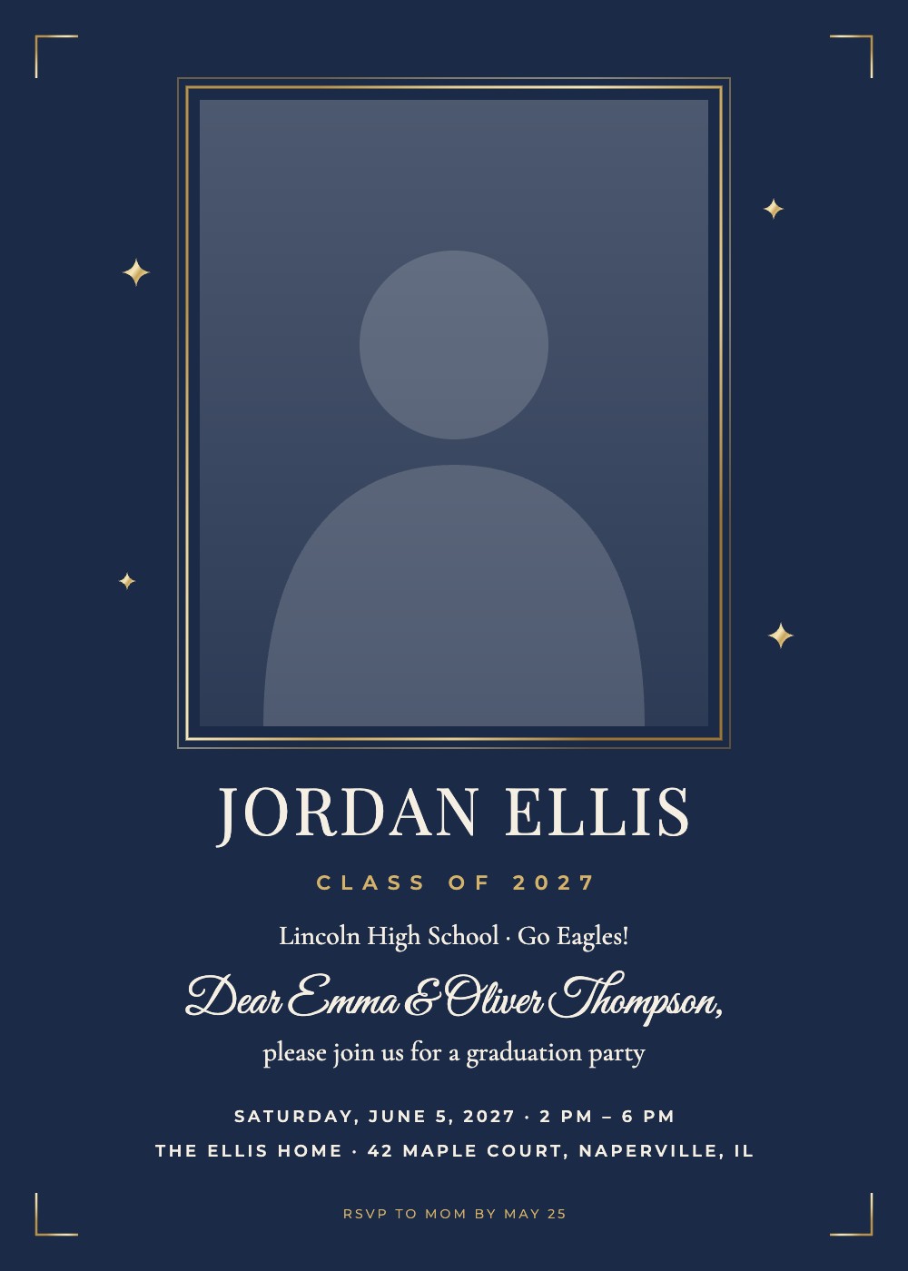 Navy & Gold Senior Photo graduation invitation with the graduate's photo in a gold frame, personalized with each guest's name