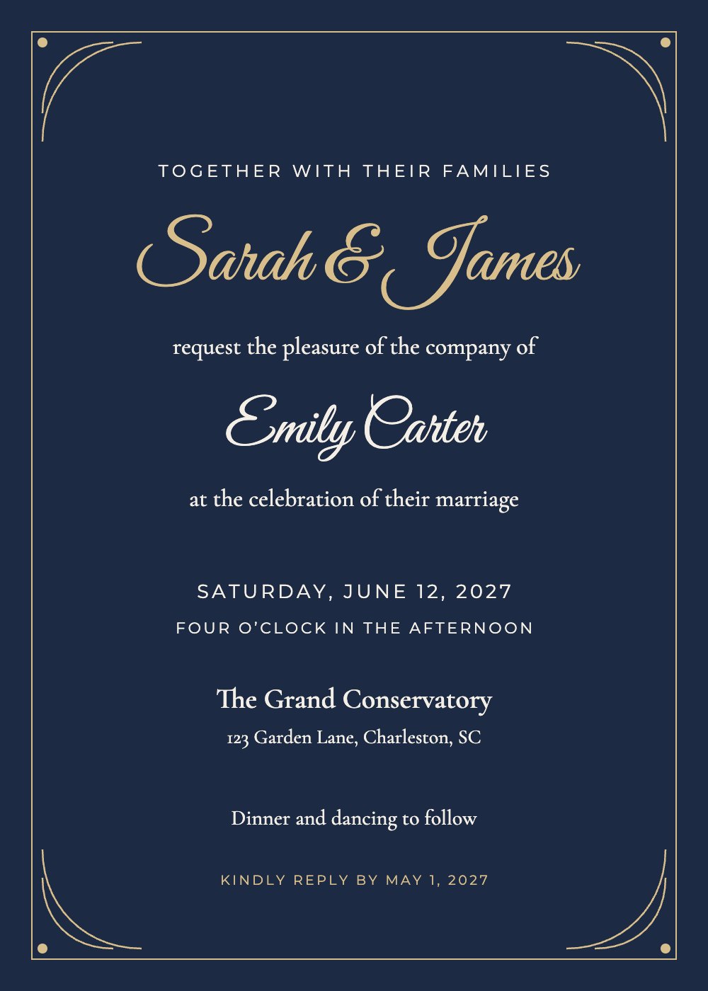 Navy & Gold wedding invitation template, personalized with guest names