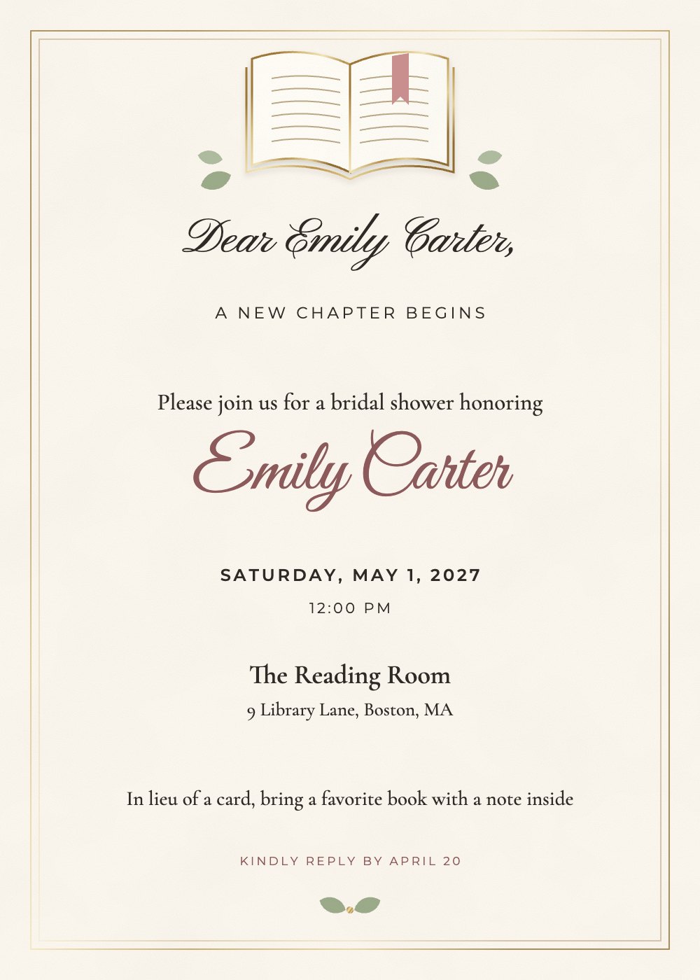 A New Chapter bridal shower invitation, personalized with each guest's name