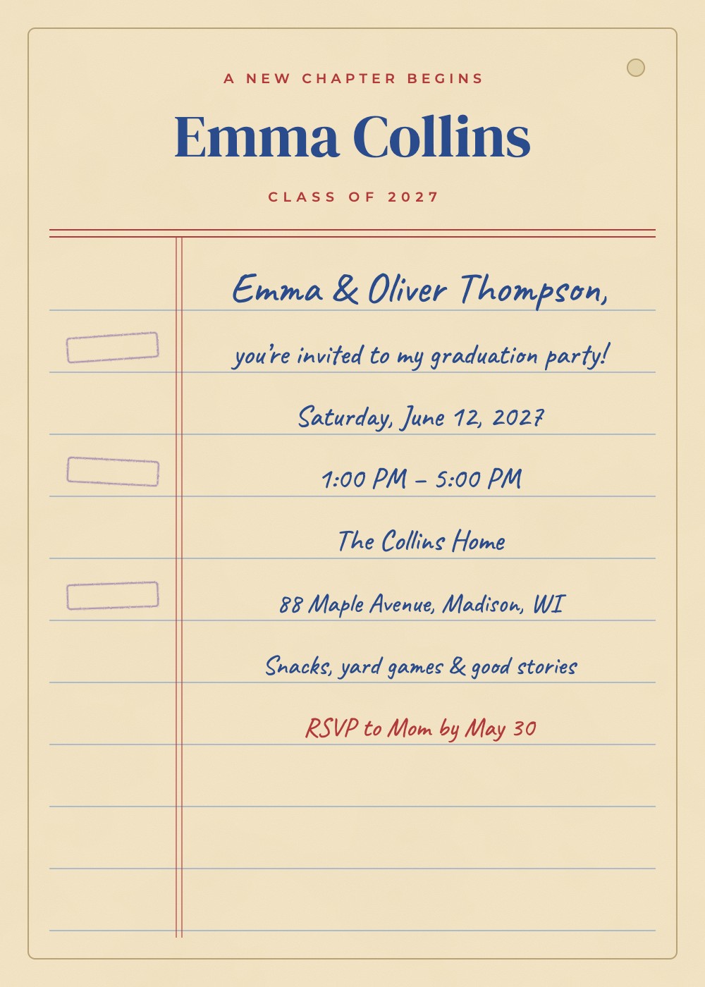 Next Chapter Library Card graduation invitation on manila card, personalized with each guest's name