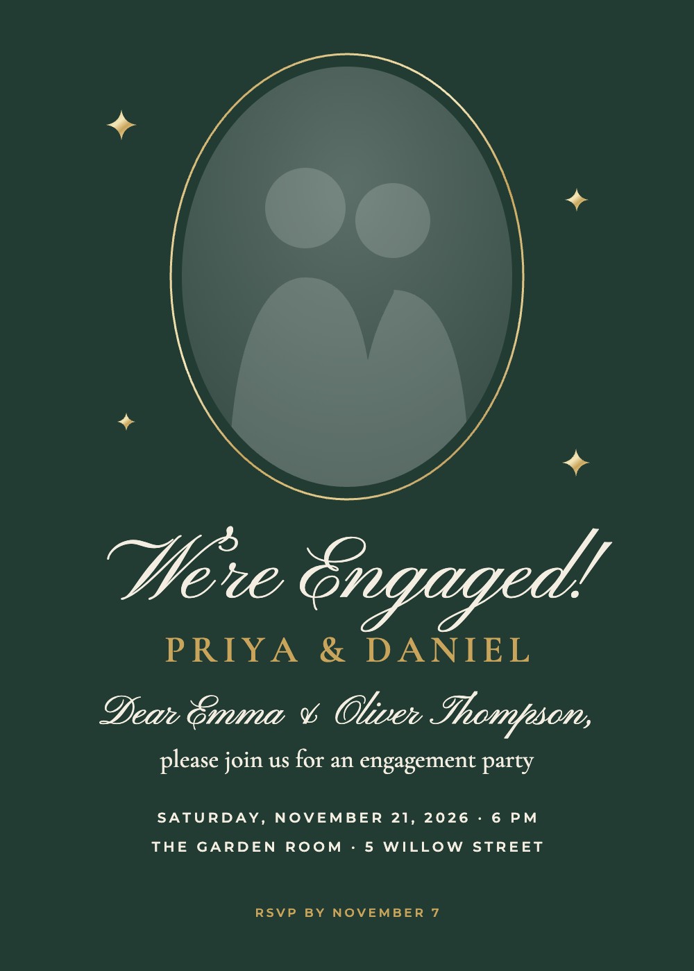 Oval Photo Engagement Party invitation with the couple’s photo in a tall gold-rimmed oval on deep green, personalized with each guest’s name