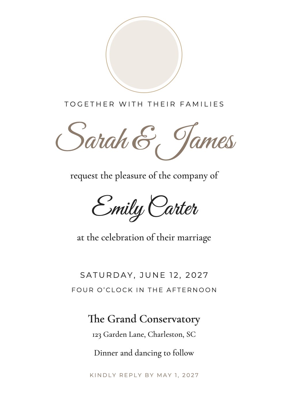 Photo Circle wedding invitation template, personalized with guest names