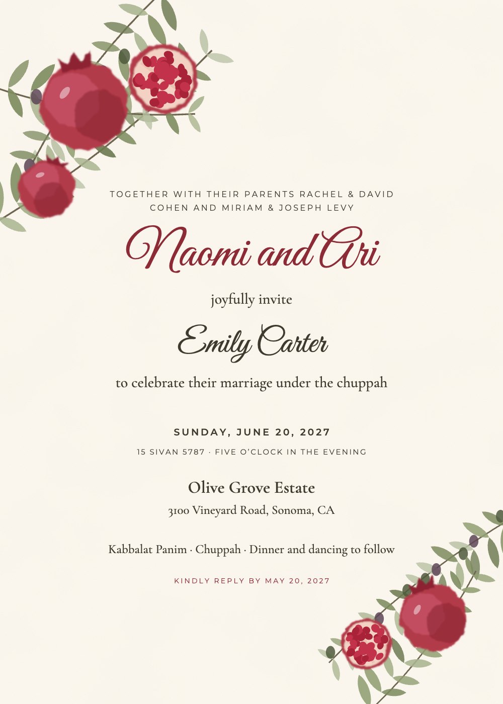 Pomegranate & Olive Jewish wedding invitation with a guest name