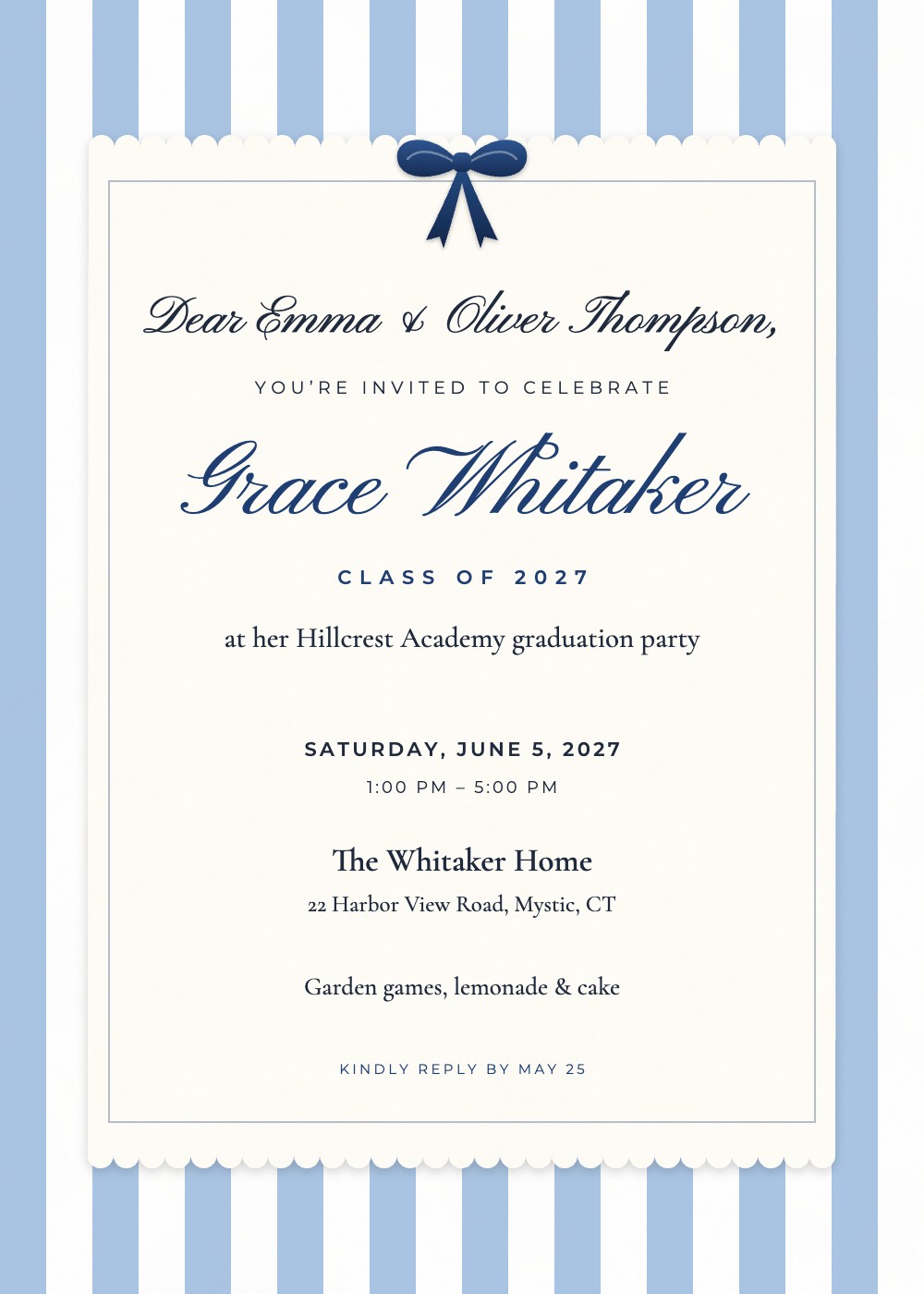 Preppy Cabana Stripe graduation invitation with blue stripes and a navy bow, personalized with each guest's name