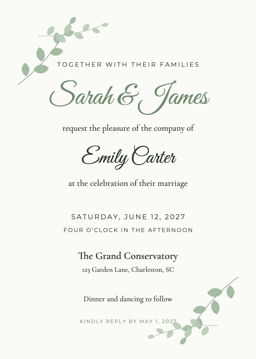 Sage Botanical wedding invitation template, personalized with guest names