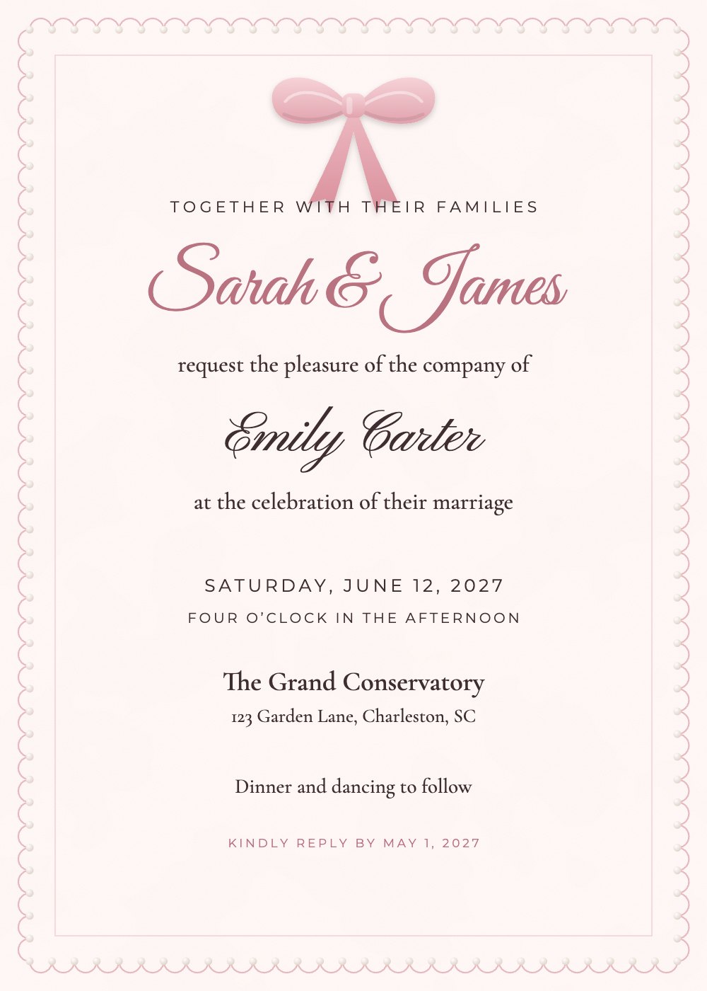 Satin Bow wedding invitation, personalized with each guest's name
