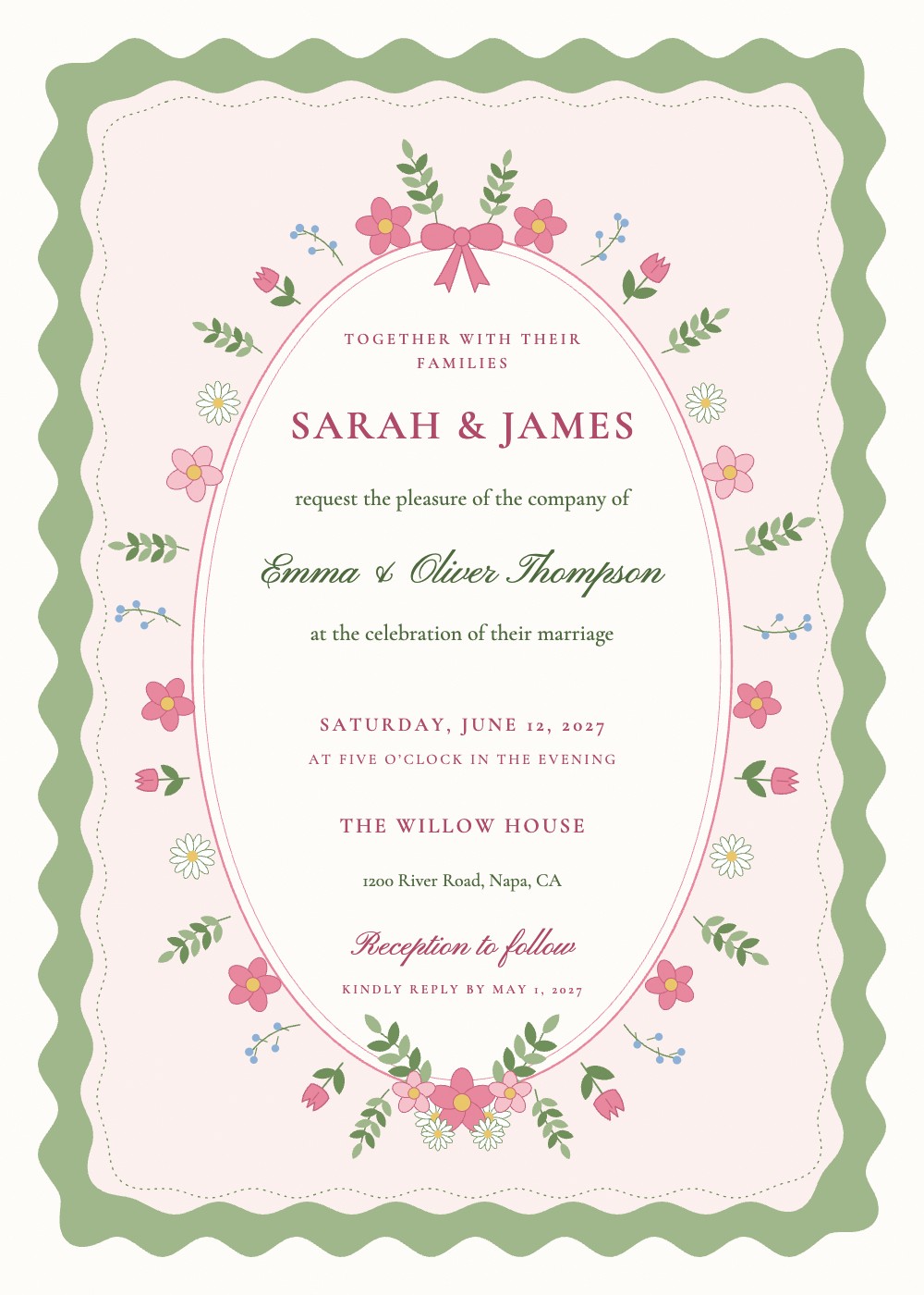 Scalloped Wildflower Cameo wedding invitation, a wavy sage border and pink folk-flower oval personalized with each guest's name